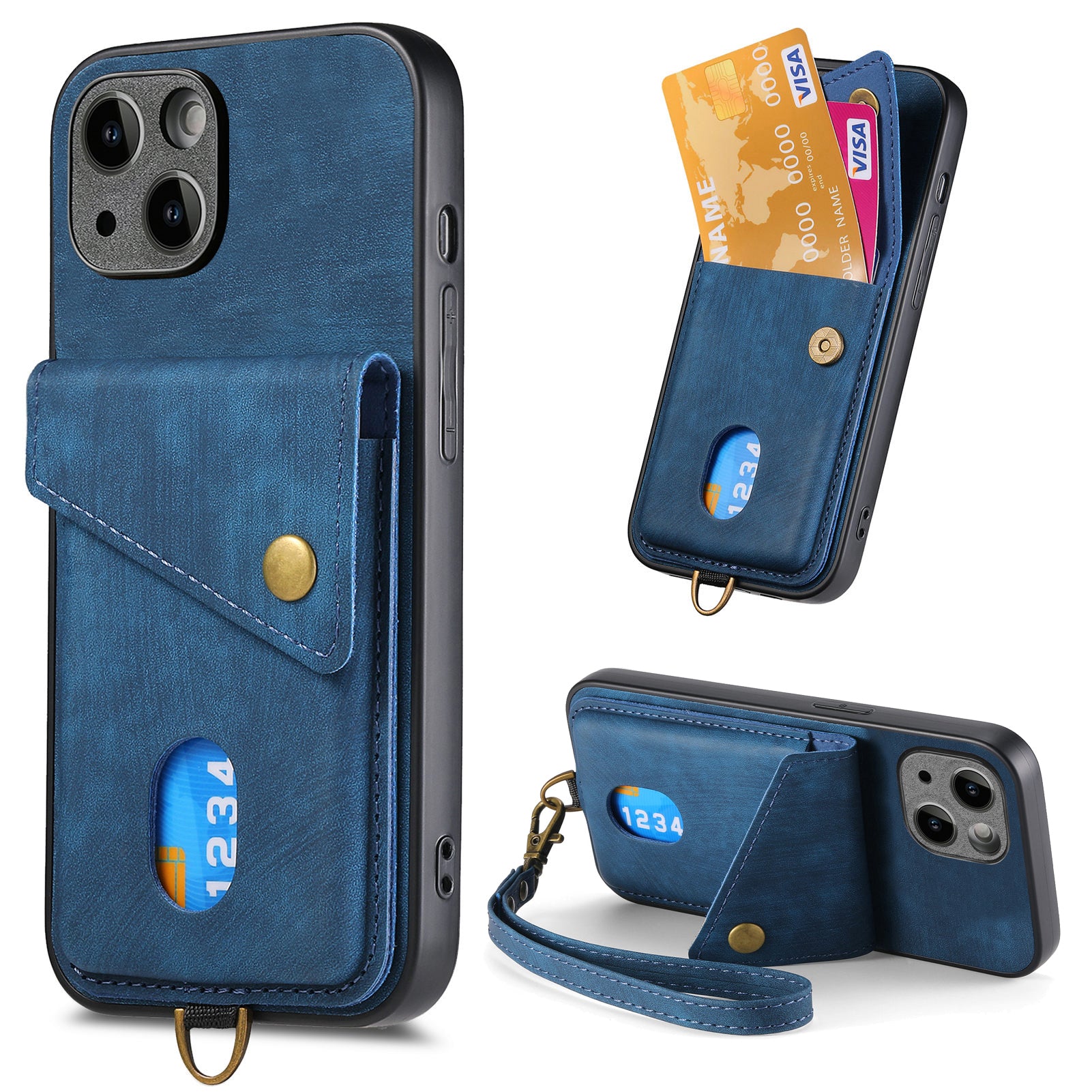 D1 For iPhone 13 Case Card Holder Retro PU+TPU Phone Case with Kickstand