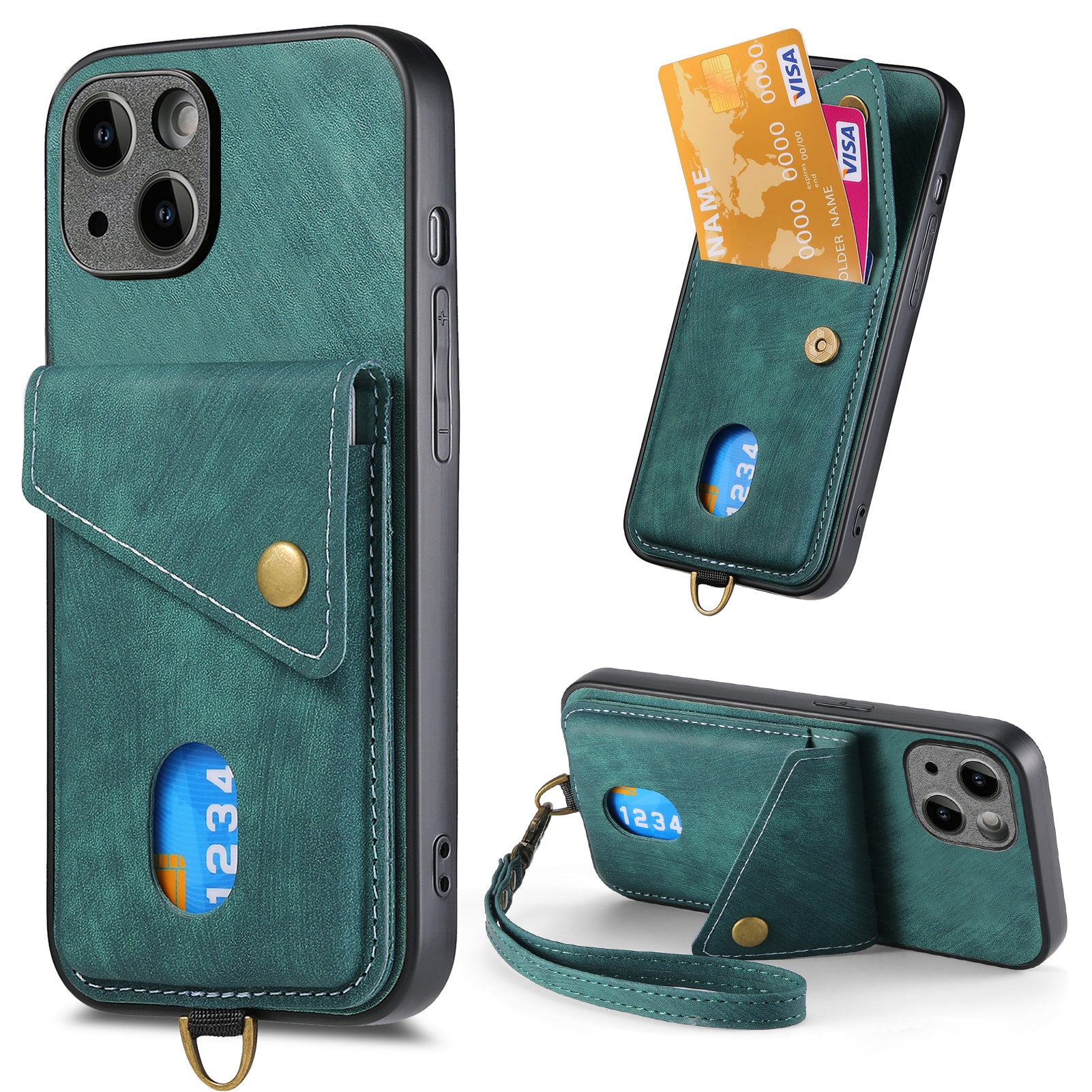 D1 For iPhone 13 Case Card Holder Retro PU+TPU Phone Case with Kickstand