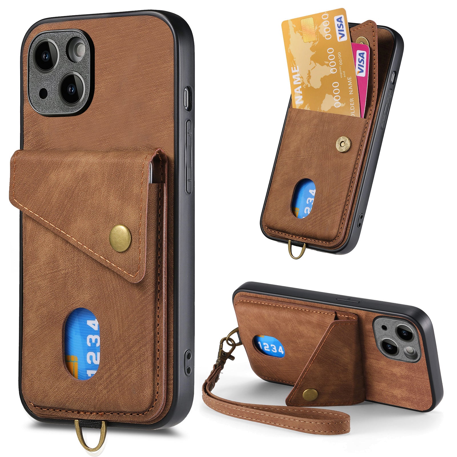 D1 For iPhone 13 Case Card Holder Retro PU+TPU Phone Case with Kickstand