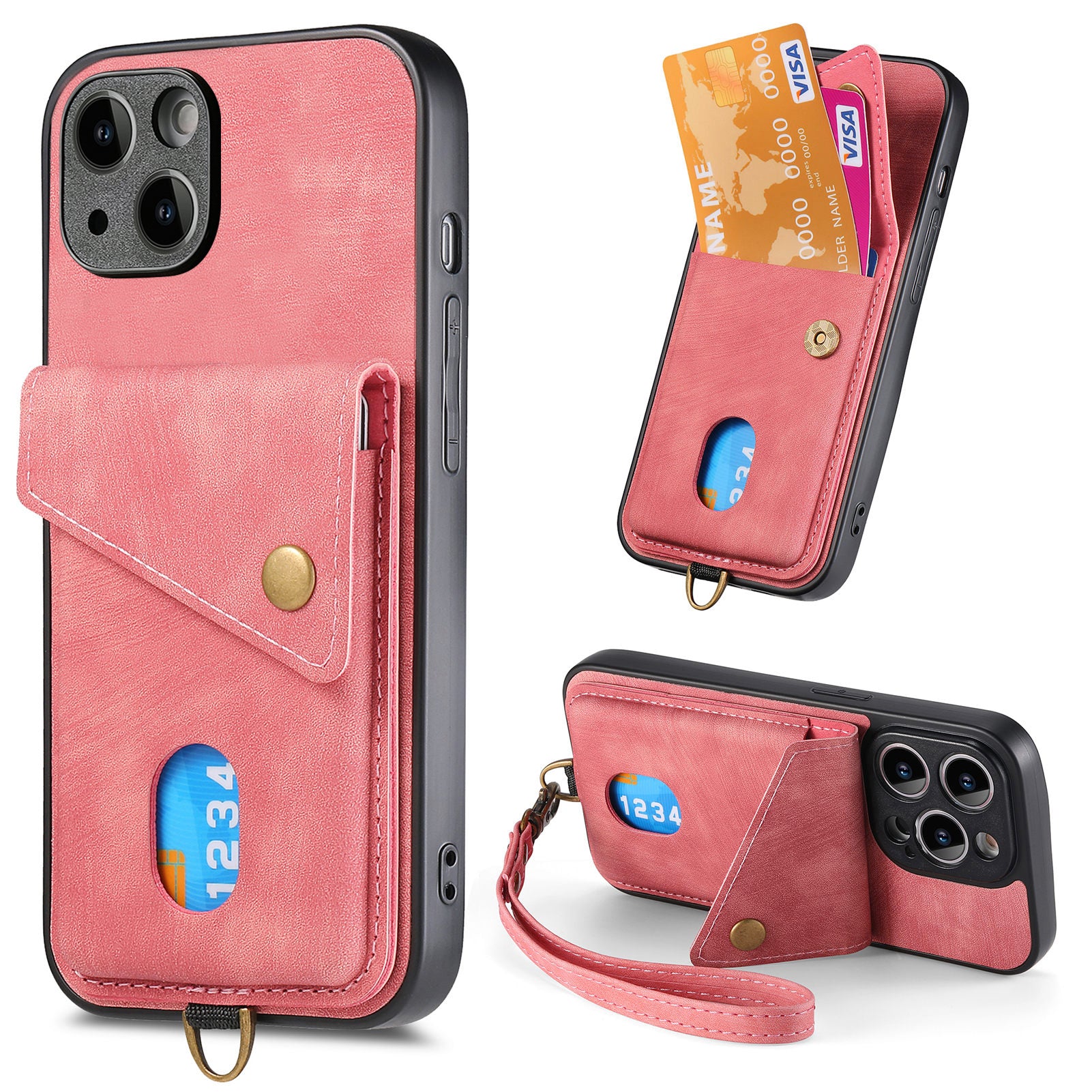 D1 For iPhone 13 Case Card Holder Retro PU+TPU Phone Case with Kickstand