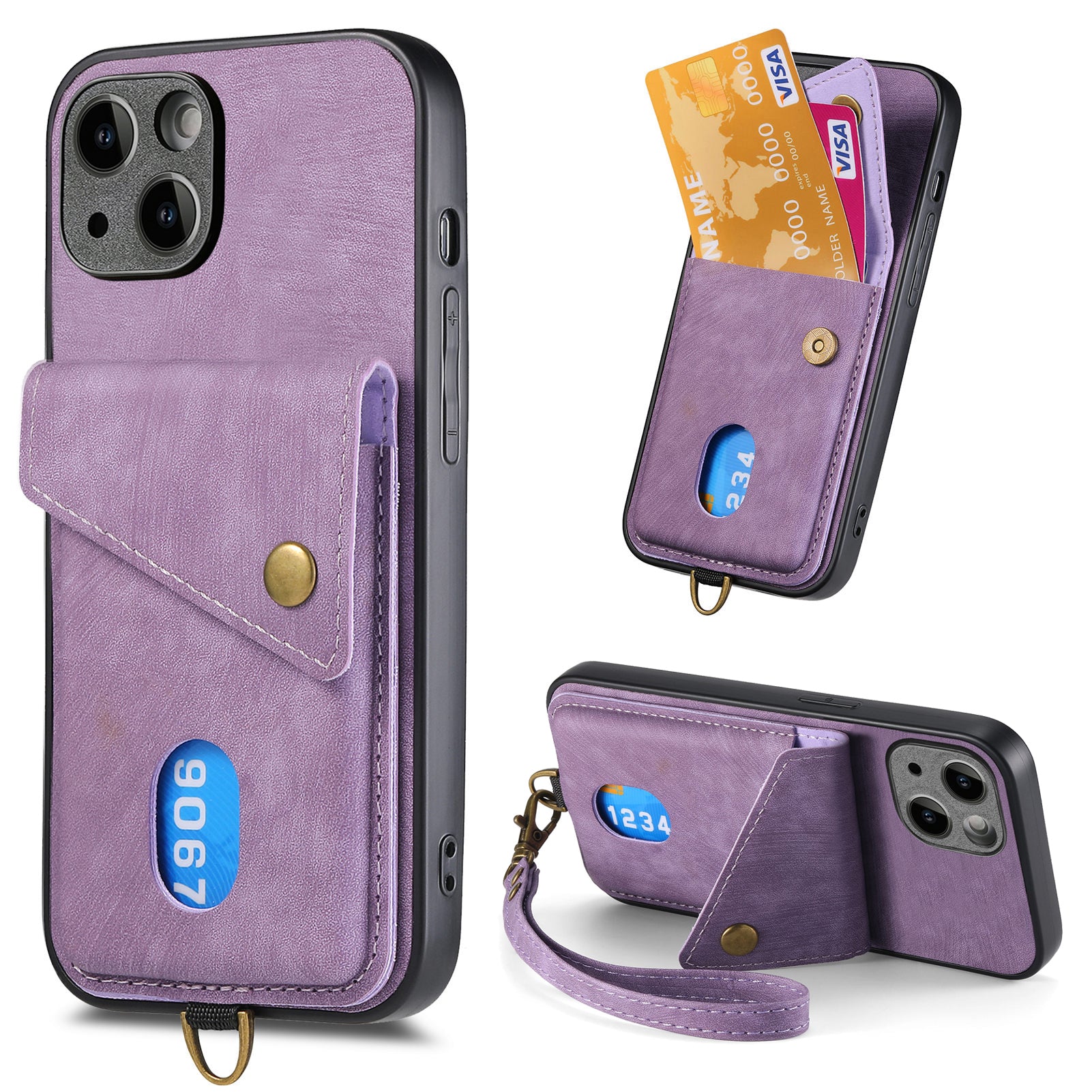 D1 For iPhone 13 Case Card Holder Retro PU+TPU Phone Case with Kickstand