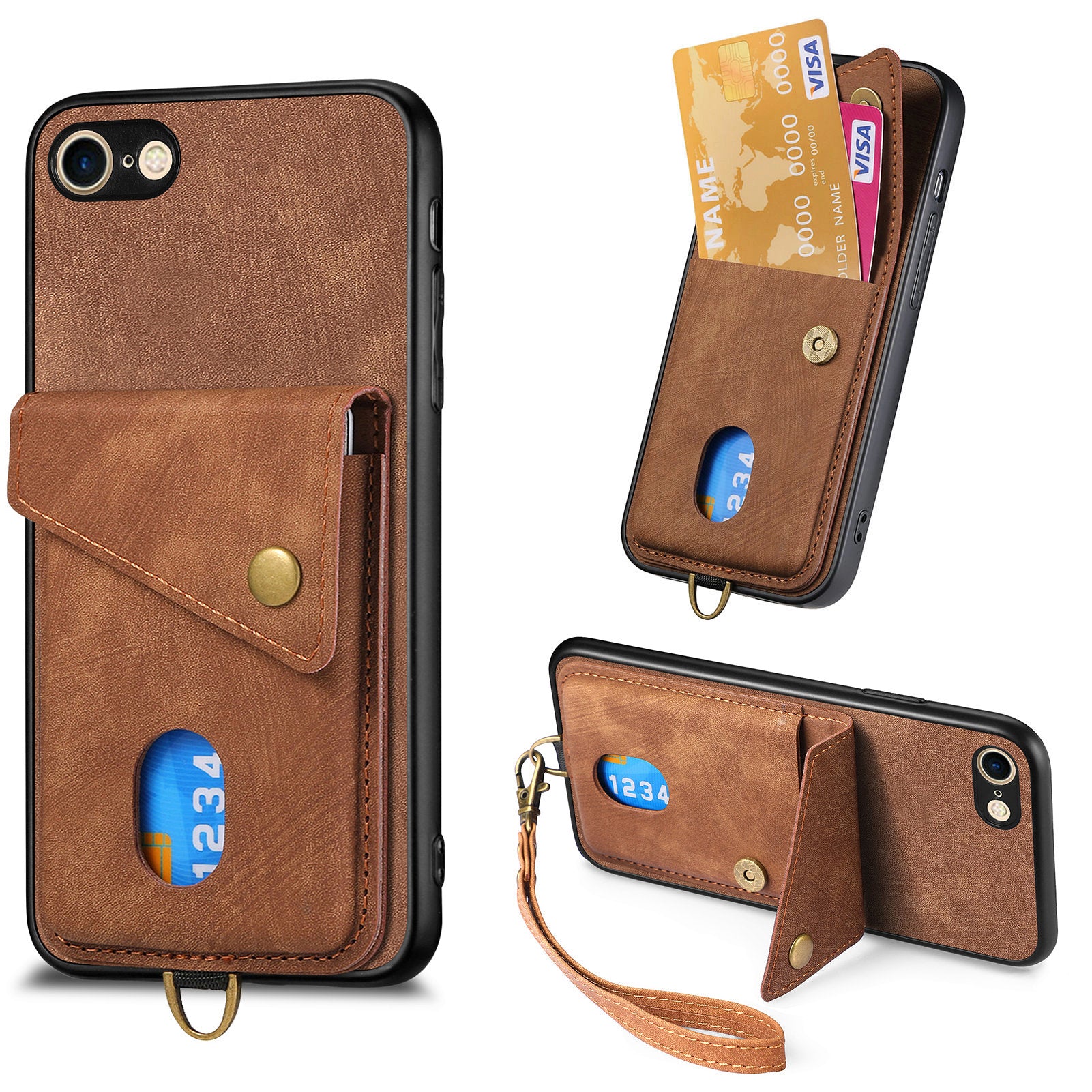 D1 For iPhone 7 / 8 / SE (2020) / SE (2022) Kickstand Case Card Holder Retro PU+TPU Phone Cover
