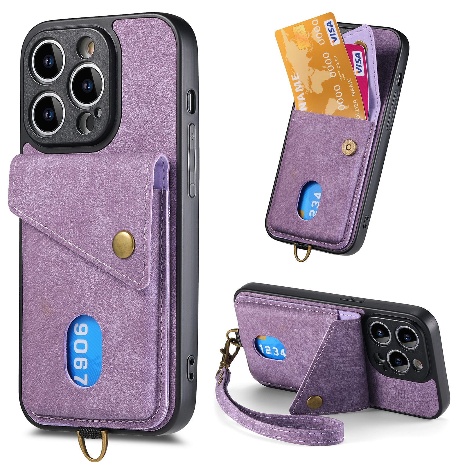 D1 For iPhone 13 Pro Case Card Holder Retro PU+TPU Phone Cover with Kickstand