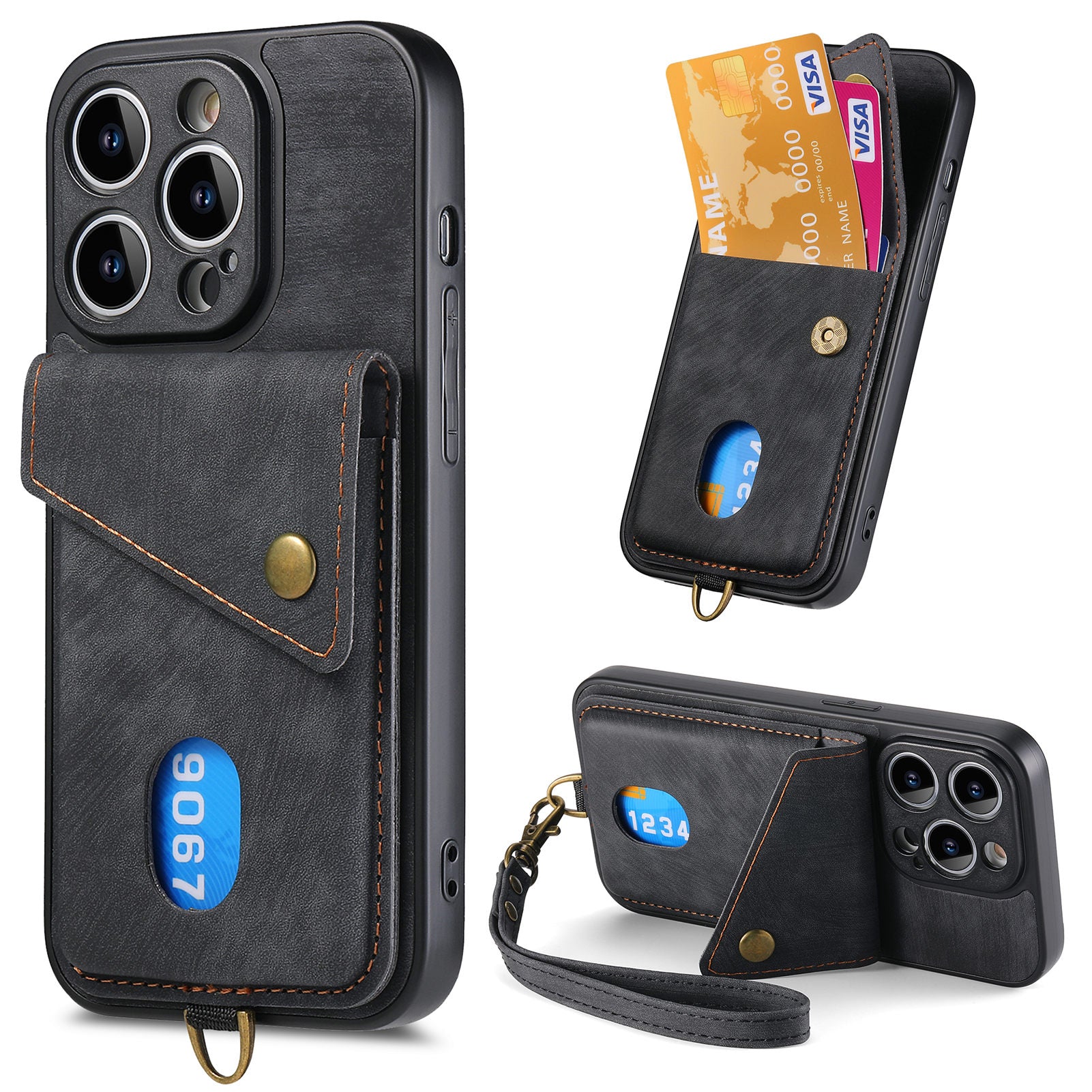 D1 For iPhone 13 Pro Max Case Card Holder Kickstand Retro PU+TPU Phone Cover