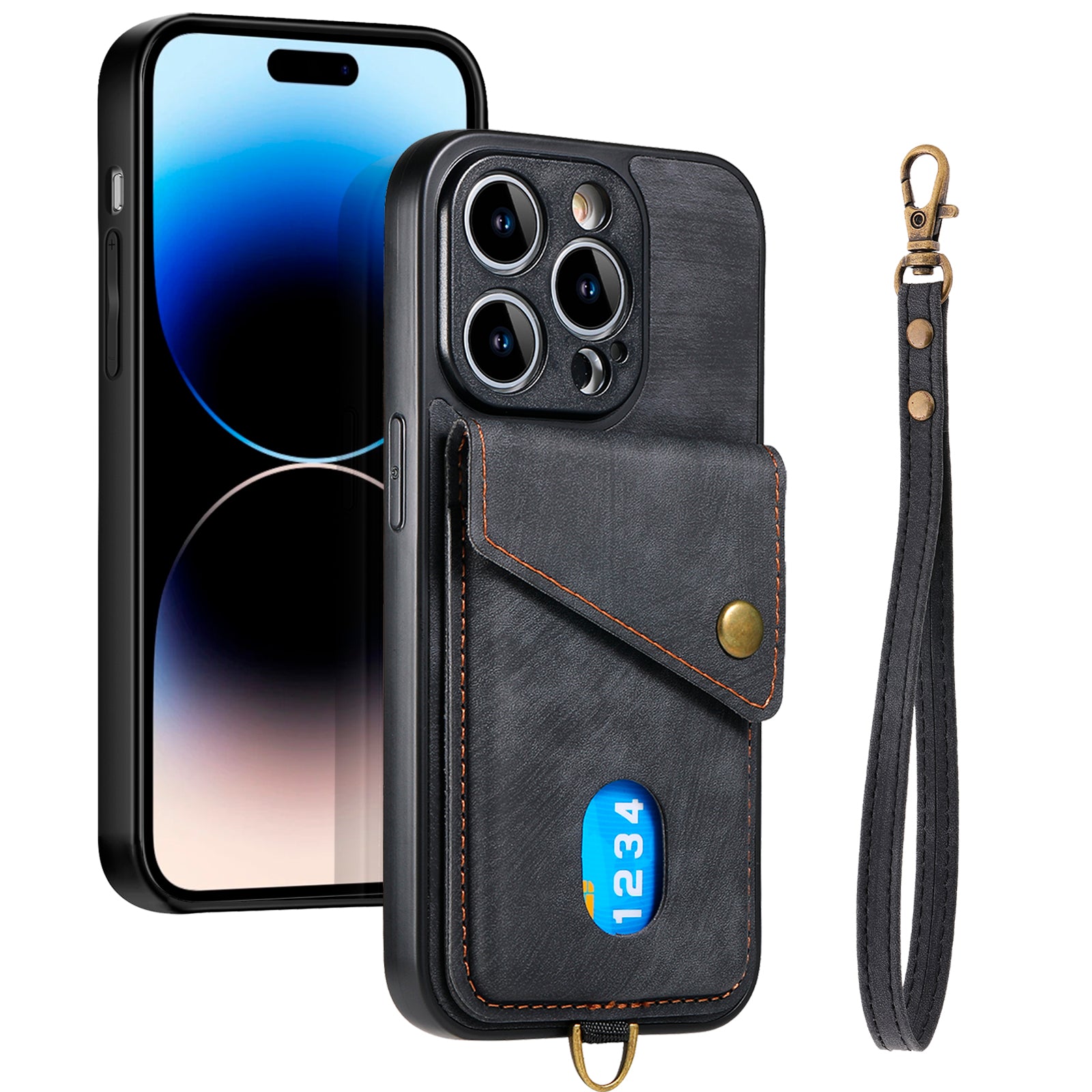 D1 For iPhone 14 Pro Card Holder Case Retro PU+TPU Phone Cover with Kickstand