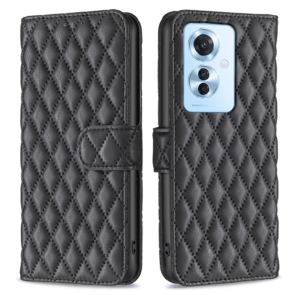 BINFEN COLOR BF Style-14 For Oppo Reno11 F 5G Phone Cover PU Leather+TPU Rhombus Grid Case