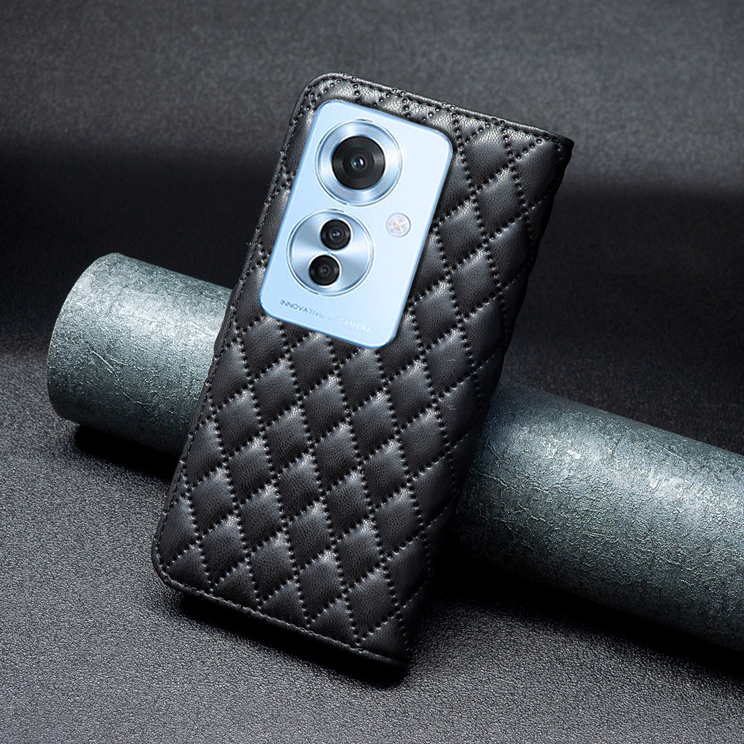 BINFEN COLOR BF Style-14 For Oppo Reno11 F 5G Phone Cover PU Leather+TPU Rhombus Grid Case