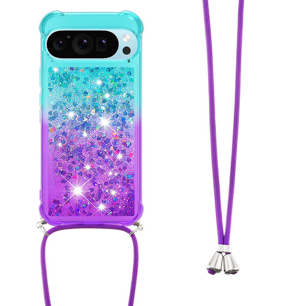 YB Quicksand Series-6 for Google Pixel 9 Pro TPU Case Glitter Sequin Gradient Phone Cover with Lanyard