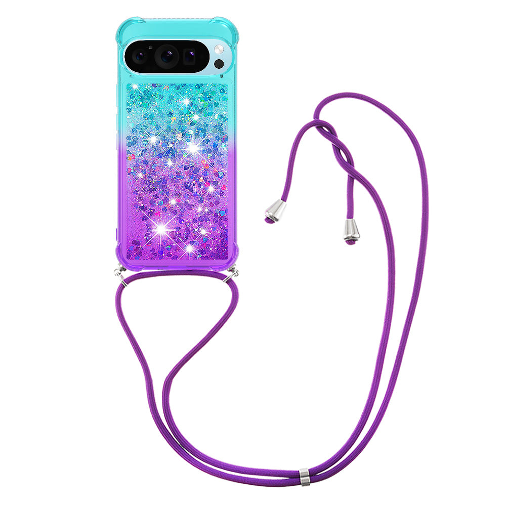 YB Quicksand Series-6 for Google Pixel 9 Pro TPU Case Glitter Sequin Gradient Phone Cover with Lanyard