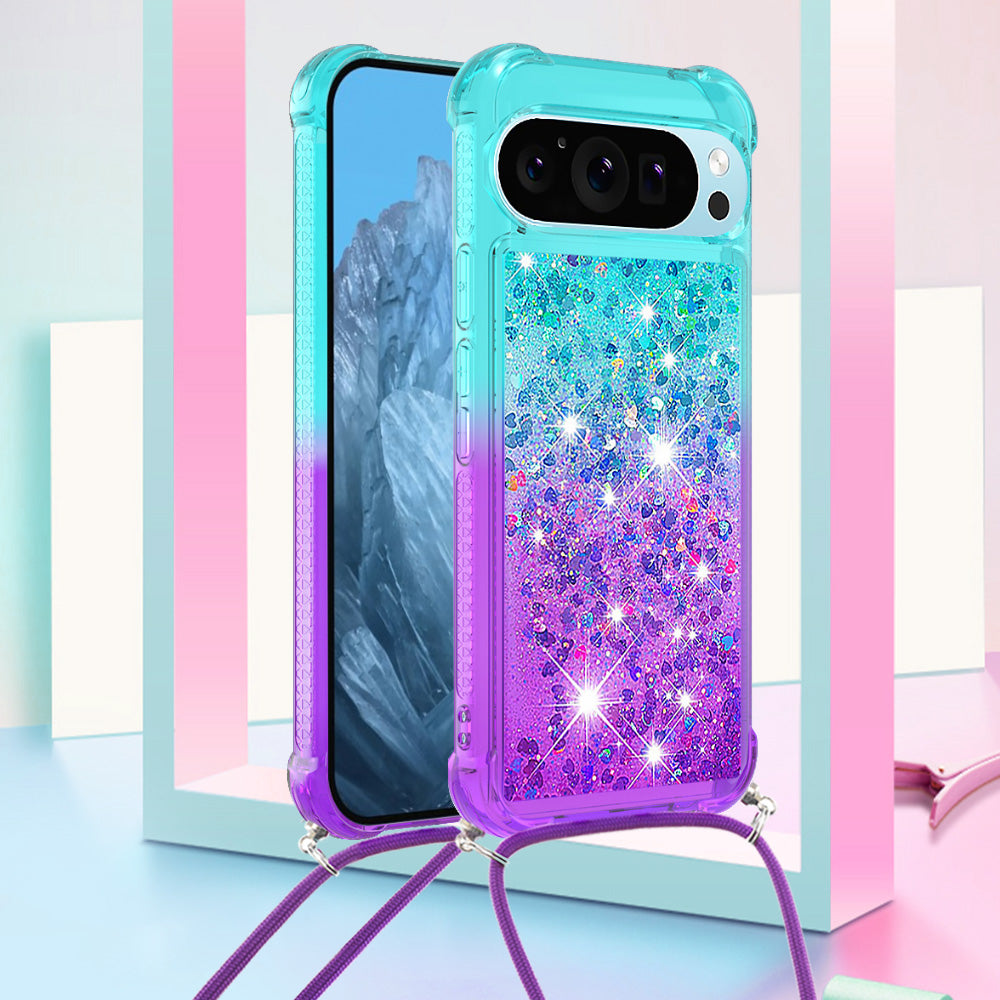 YB Quicksand Series-6 for Google Pixel 9 Pro TPU Case Glitter Sequin Gradient Phone Cover with Lanyard