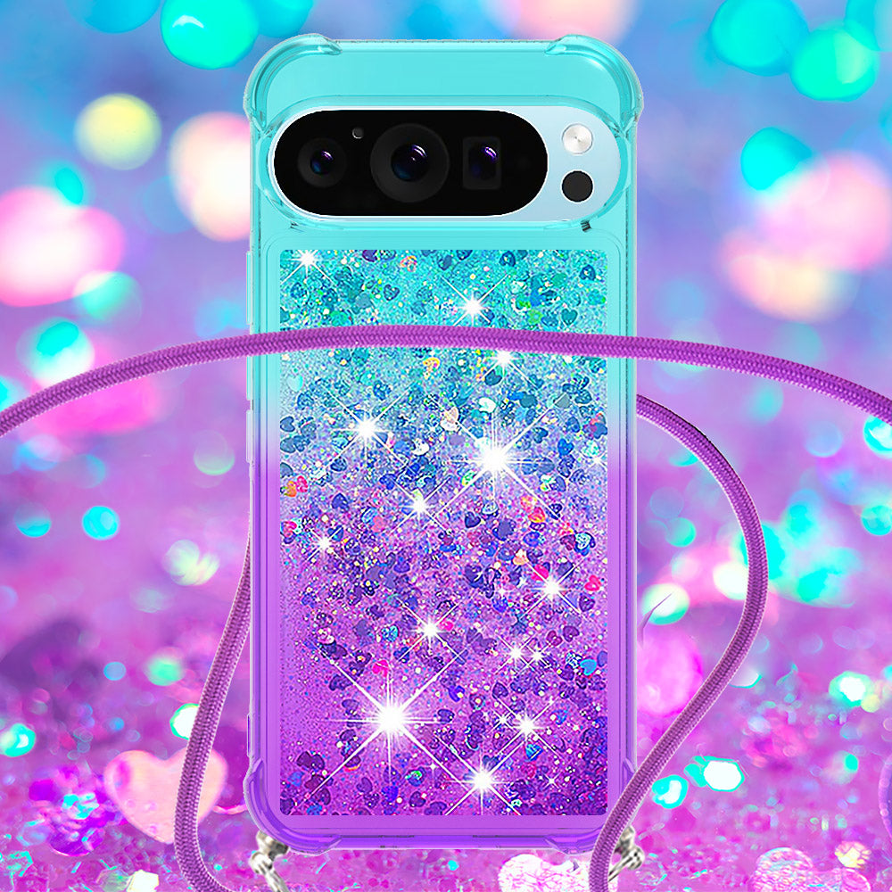 YB Quicksand Series-6 for Google Pixel 9 Pro TPU Case Glitter Sequin Gradient Phone Cover with Lanyard