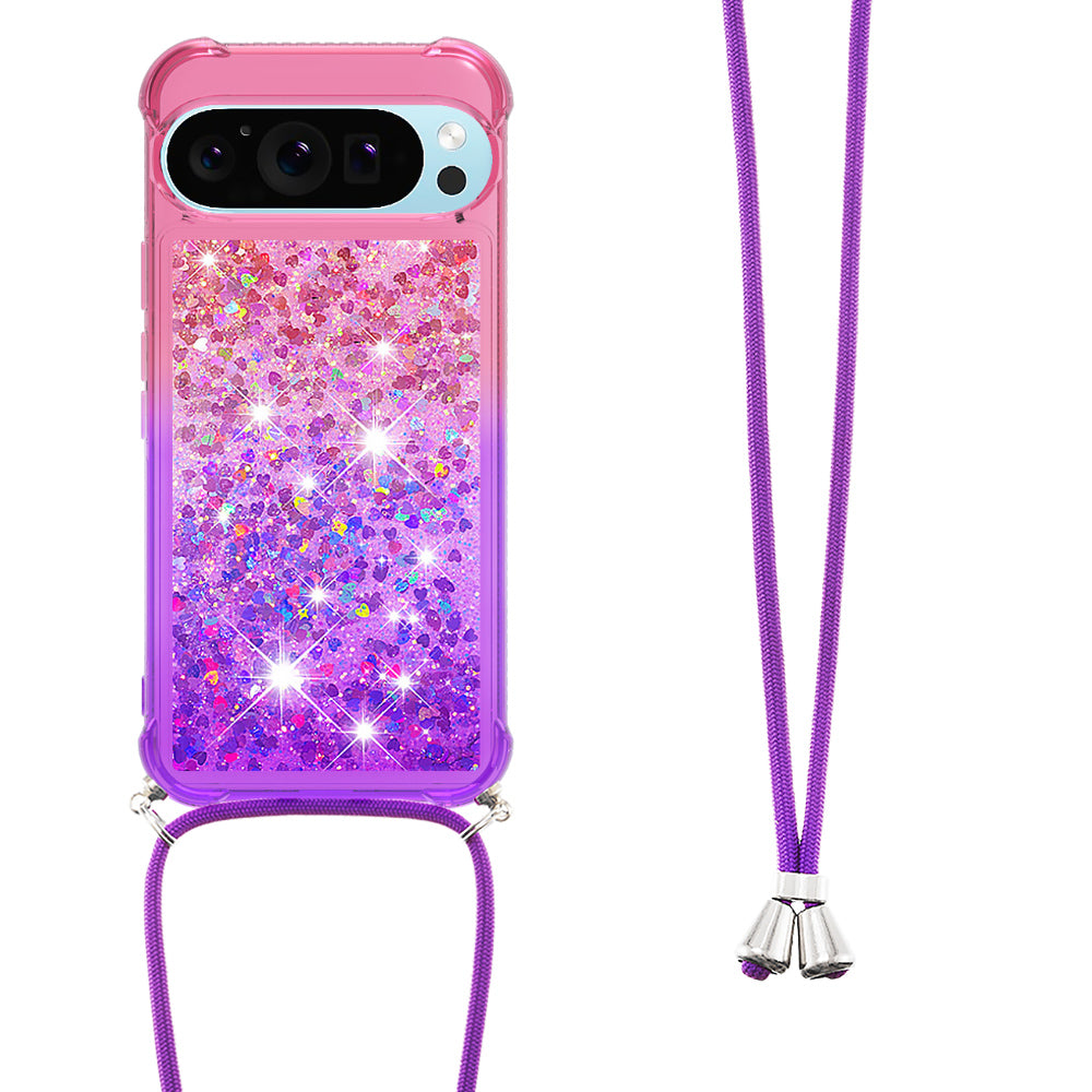 YB Quicksand Series-6 for Google Pixel 9 Pro TPU Case Glitter Sequin Gradient Phone Cover with Lanyard