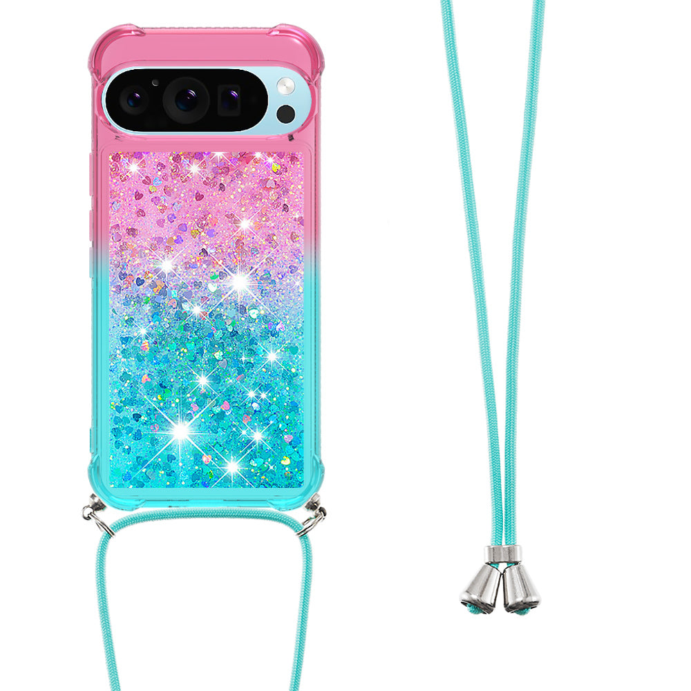 YB Quicksand Series-6 for Google Pixel 9 Pro TPU Case Glitter Sequin Gradient Phone Cover with Lanyard