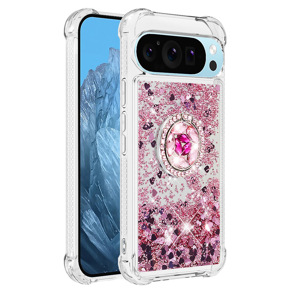 YB Quicksand Series-7 For Google Pixel 9 Pro Case Ring Kickstand Shiny Sequins TPU Cover