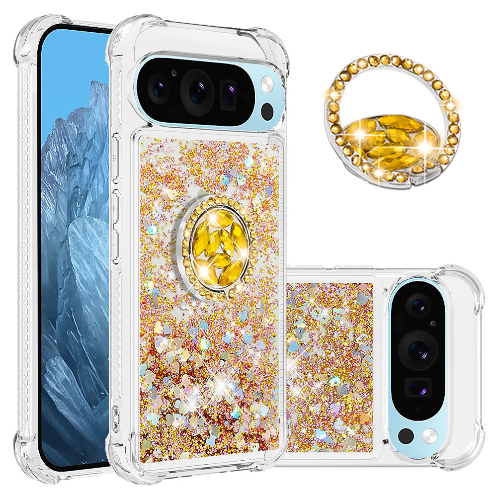 YB Quicksand Series-7 For Google Pixel 9 Pro Case Ring Kickstand Shiny Sequins TPU Cover