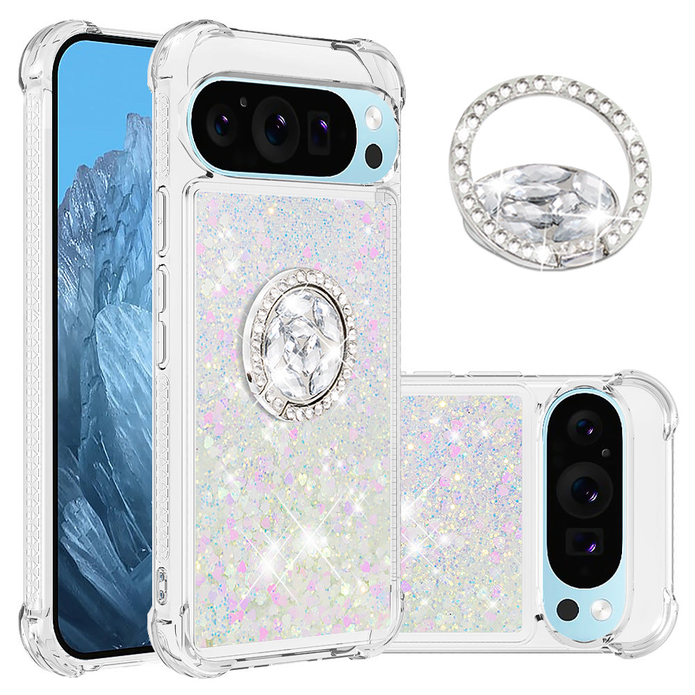 YB Quicksand Series-7 For Google Pixel 9 Pro Case Ring Kickstand Shiny Sequins TPU Cover