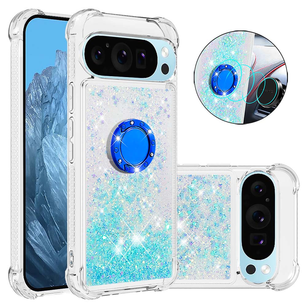 YB Quicksand Series-7 For Google Pixel 9 Pro Case Ring Kickstand Shiny Sequins TPU Cover