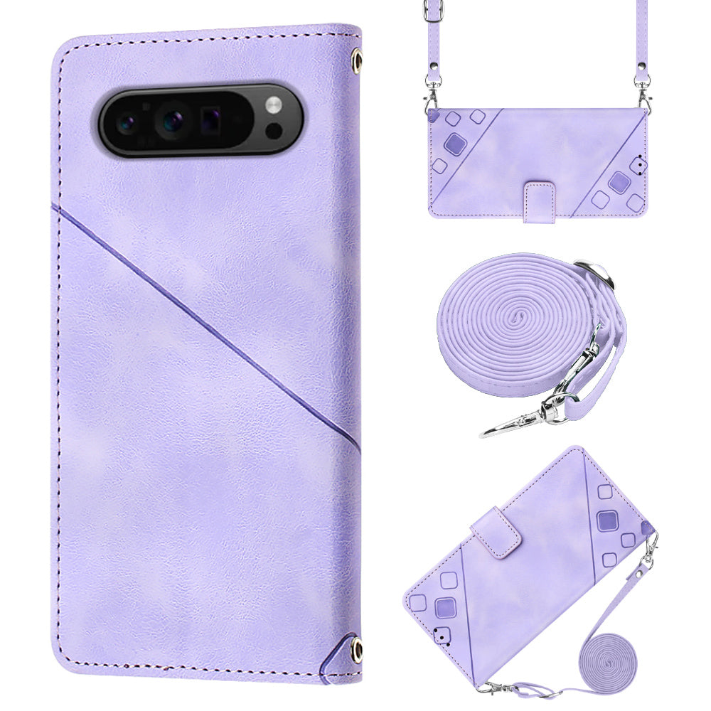 PT005 YB Imprinting Series-7 for Google Pixel 9 Pro Case Wallet PU Leather Phone Cover with Shoulder Strap