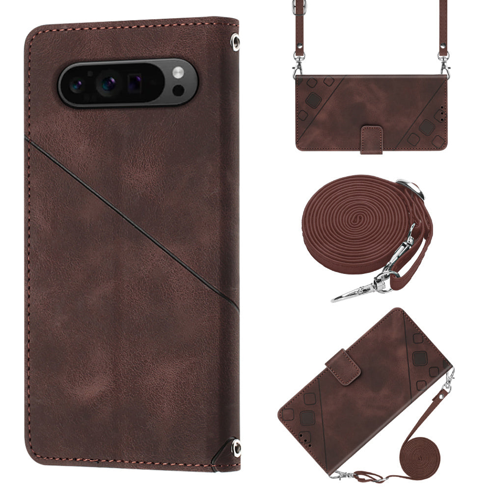 PT005 YB Imprinting Series-7 for Google Pixel 9 Pro Case Wallet PU Leather Phone Cover with Shoulder Strap