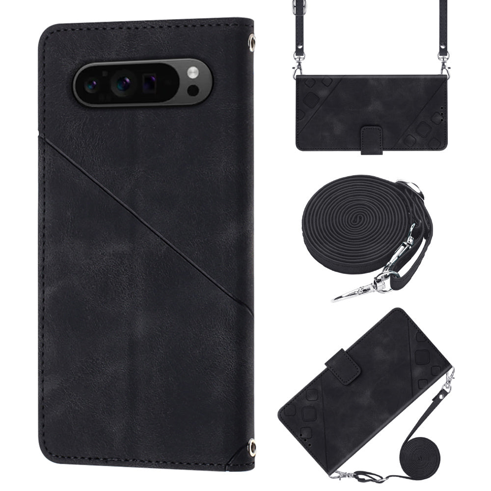 PT005 YB Imprinting Series-7 for Google Pixel 9 Pro Case Wallet PU Leather Phone Cover with Shoulder Strap