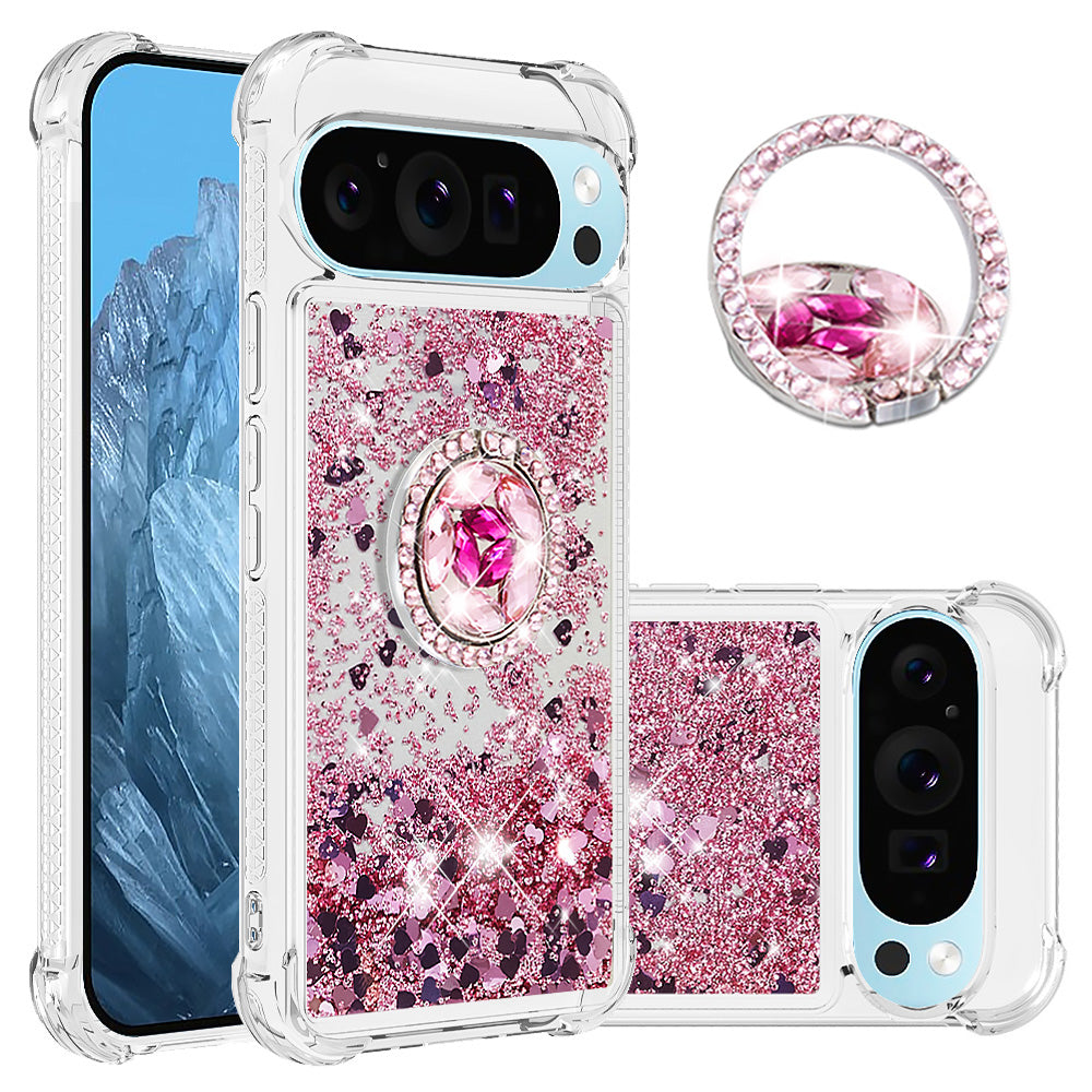 YB Quicksand Series-7 For Google Pixel 9 Case Floating Sequins TPU Cover with Ring Kickstand