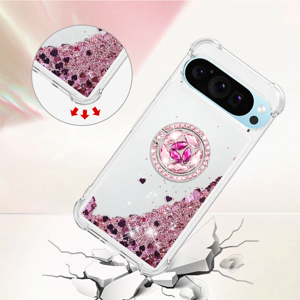 YB Quicksand Series-7 For Google Pixel 9 Case Floating Sequins TPU Cover with Ring Kickstand