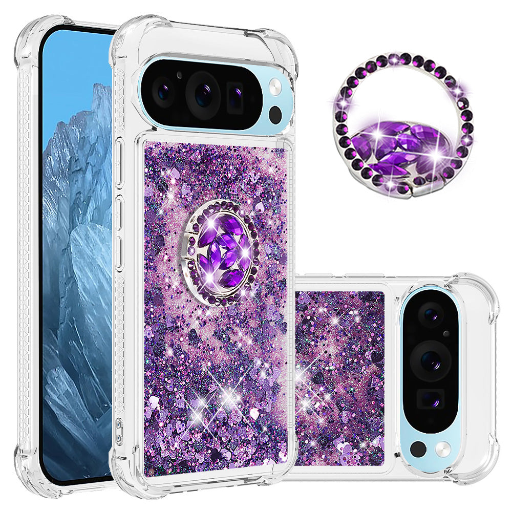 YB Quicksand Series-7 For Google Pixel 9 Case Floating Sequins TPU Cover with Ring Kickstand