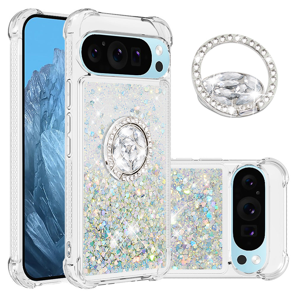 YB Quicksand Series-7 For Google Pixel 9 Case Floating Sequins TPU Cover with Ring Kickstand