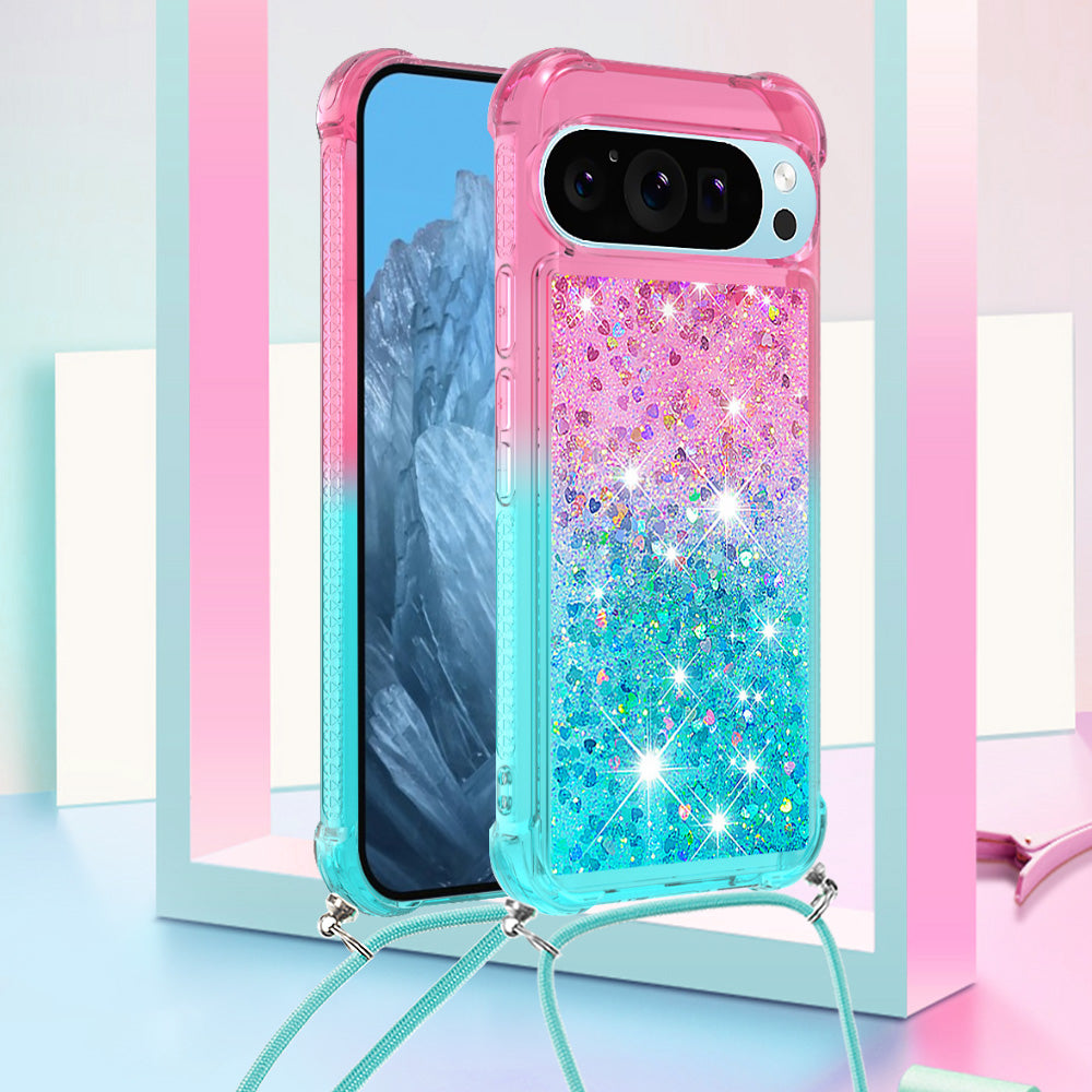 YB Quicksand Series-6 for Google Pixel 9 Case Gradient Sequin TPU Phone Cover with Lanyard