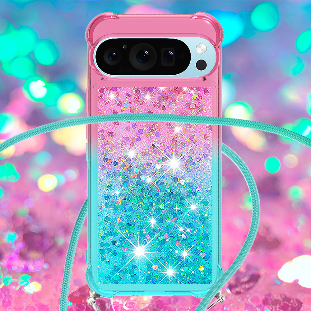 YB Quicksand Series-6 for Google Pixel 9 Case Gradient Sequin TPU Phone Cover with Lanyard
