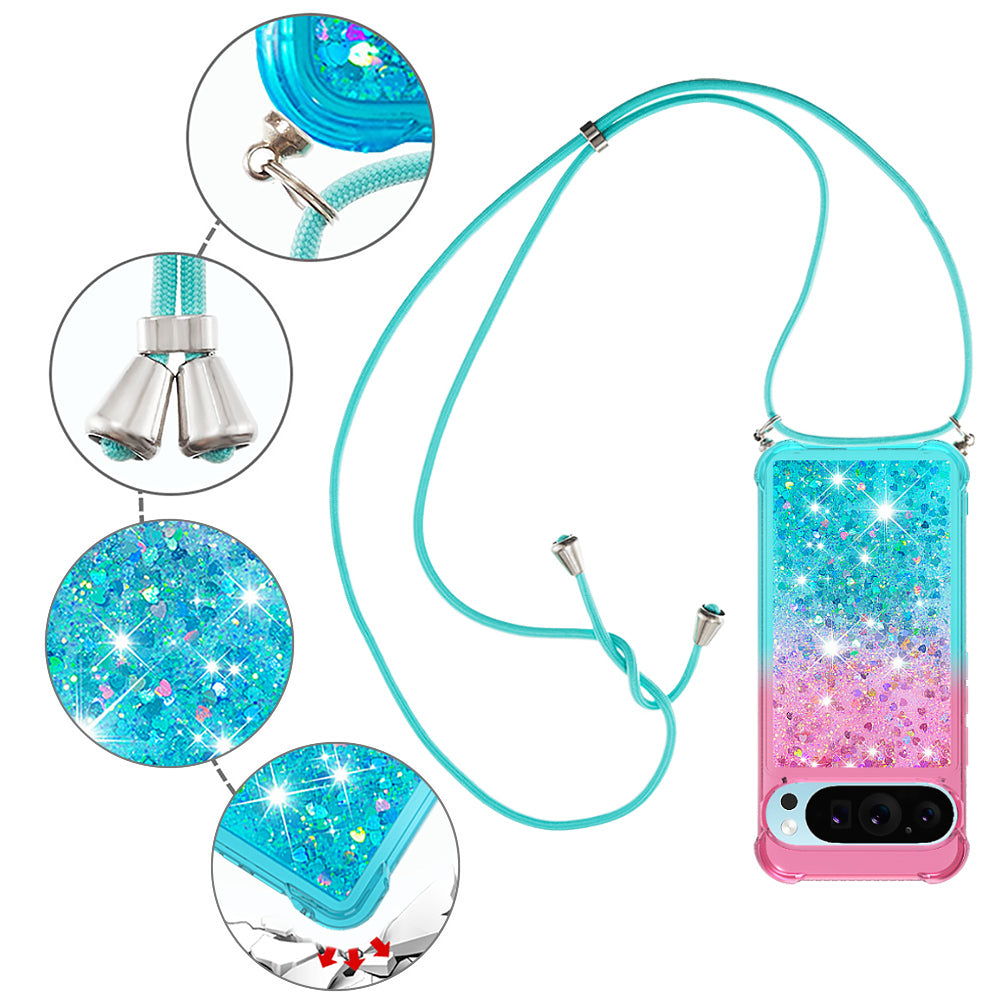 YB Quicksand Series-6 for Google Pixel 9 Case Gradient Sequin TPU Phone Cover with Lanyard