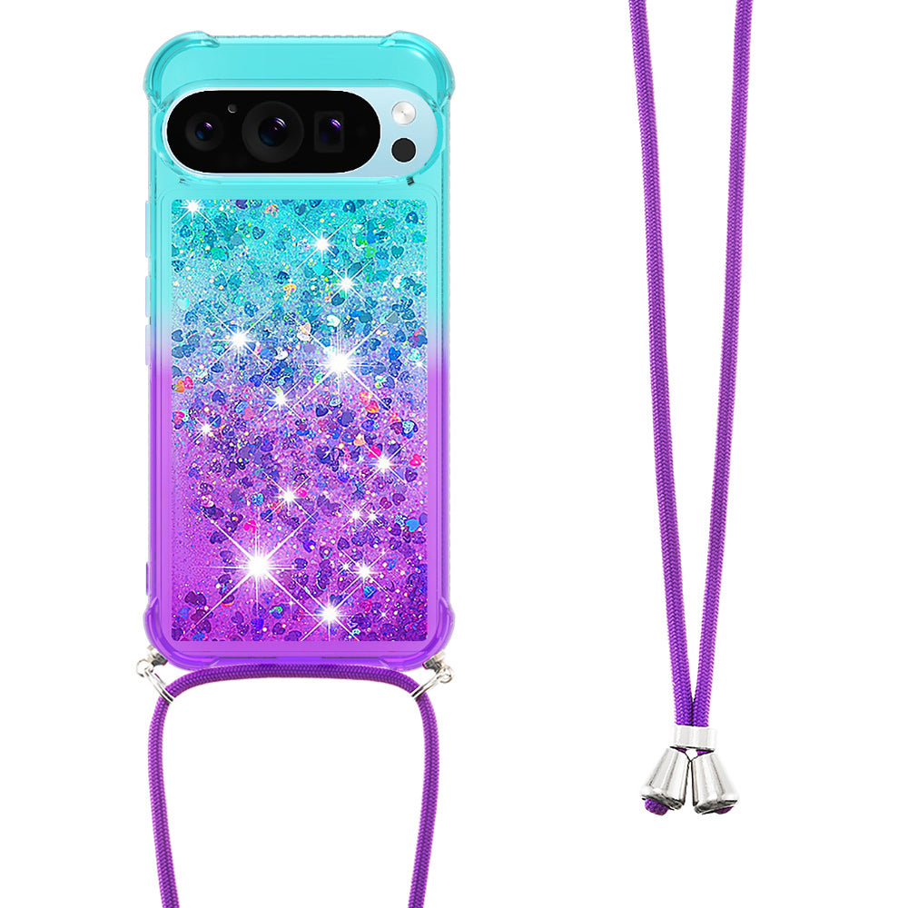 YB Quicksand Series-6 for Google Pixel 9 Case Gradient Sequin TPU Phone Cover with Lanyard