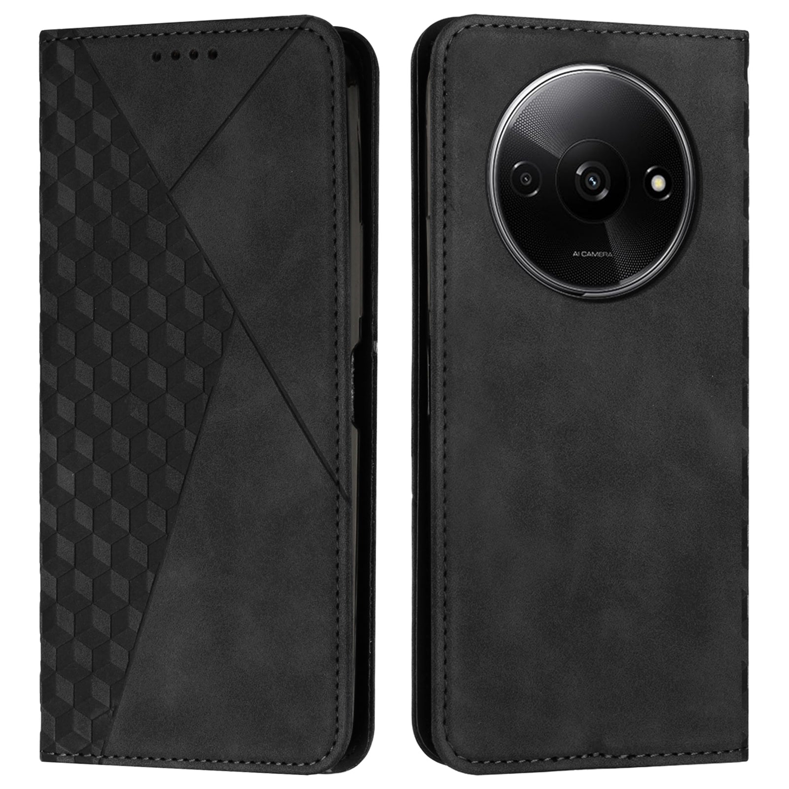For Xiaomi Redmi A3 / Poco C61 4G Case Splicing Rhombus PU Leather Folio Stand View Phone Cover Skin-touch