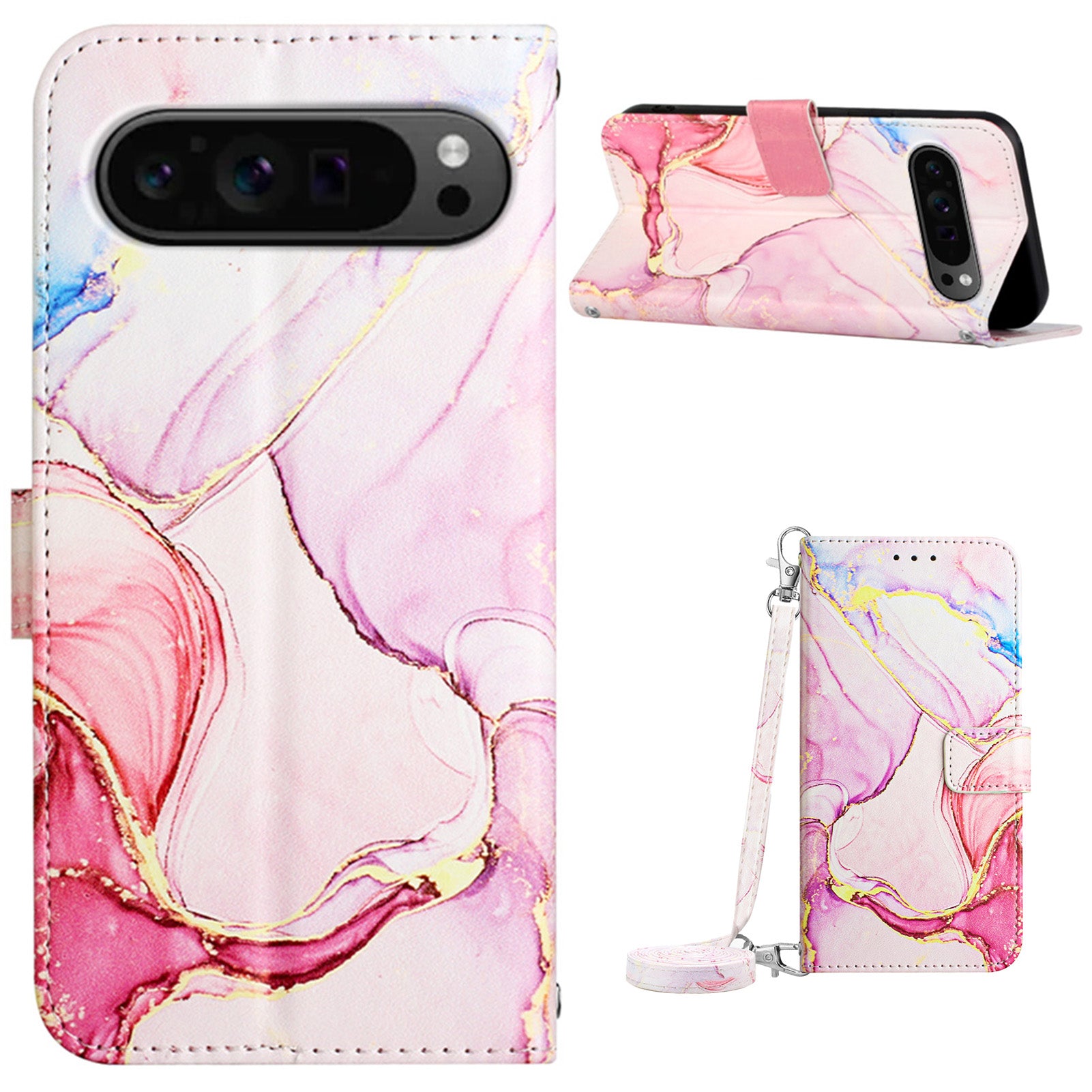 YB Pattern Printing Leather Series-6 For Google Pixel 9 Pro Wallet Phone Case with Shoulder Strap