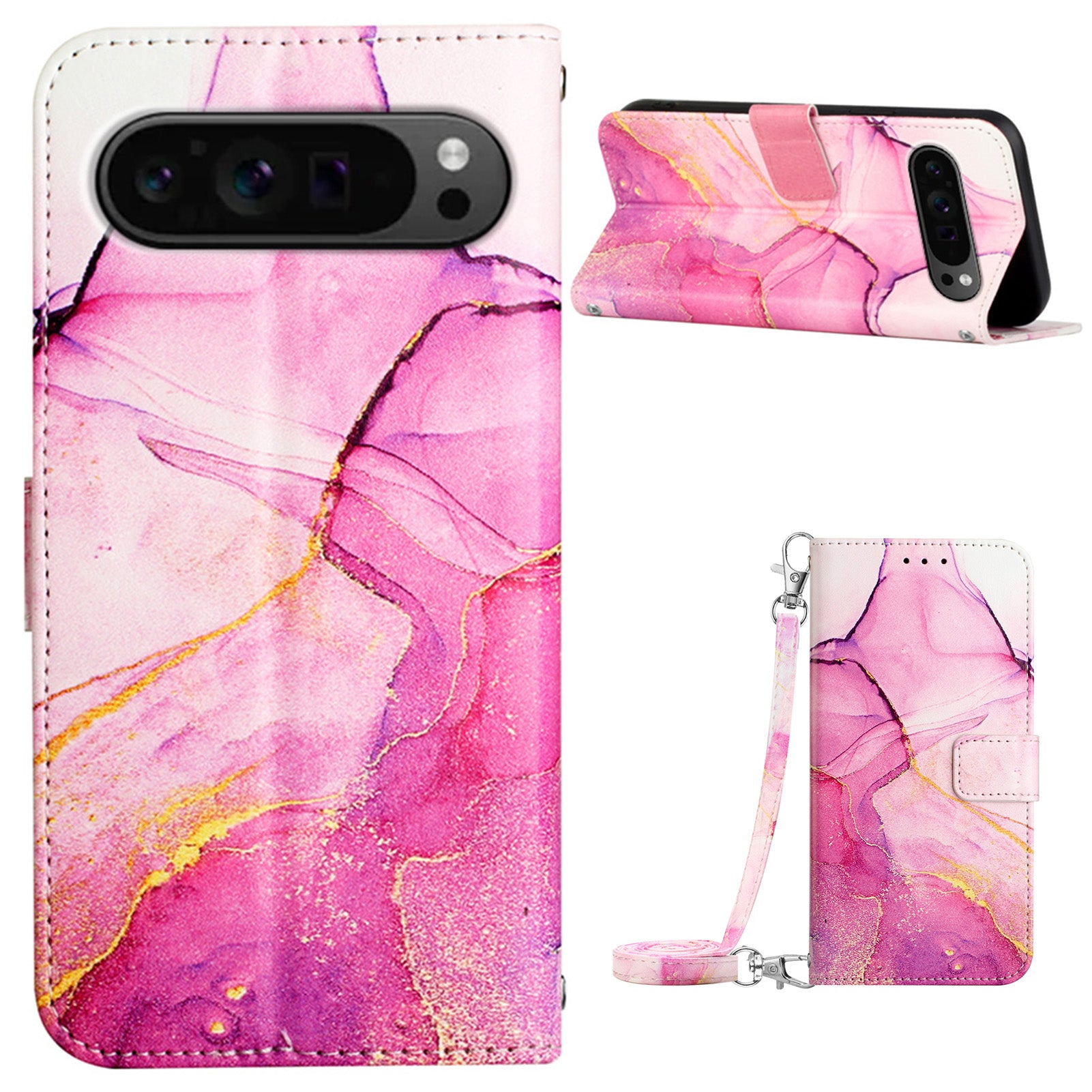 YB Pattern Printing Leather Series-6 For Google Pixel 9 Pro Wallet Phone Case with Shoulder Strap