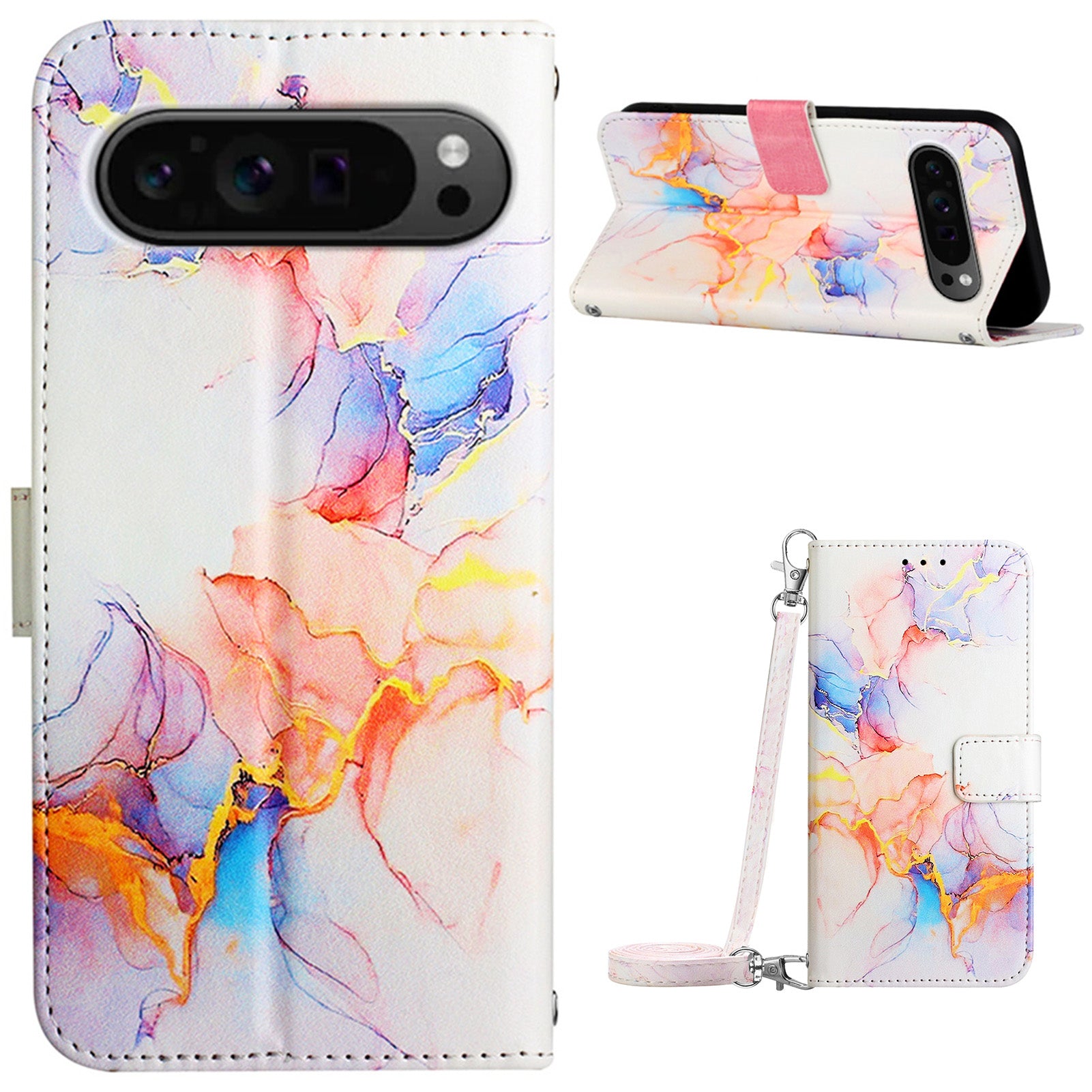 YB Pattern Printing Leather Series-6 For Google Pixel 9 Pro Wallet Phone Case with Shoulder Strap