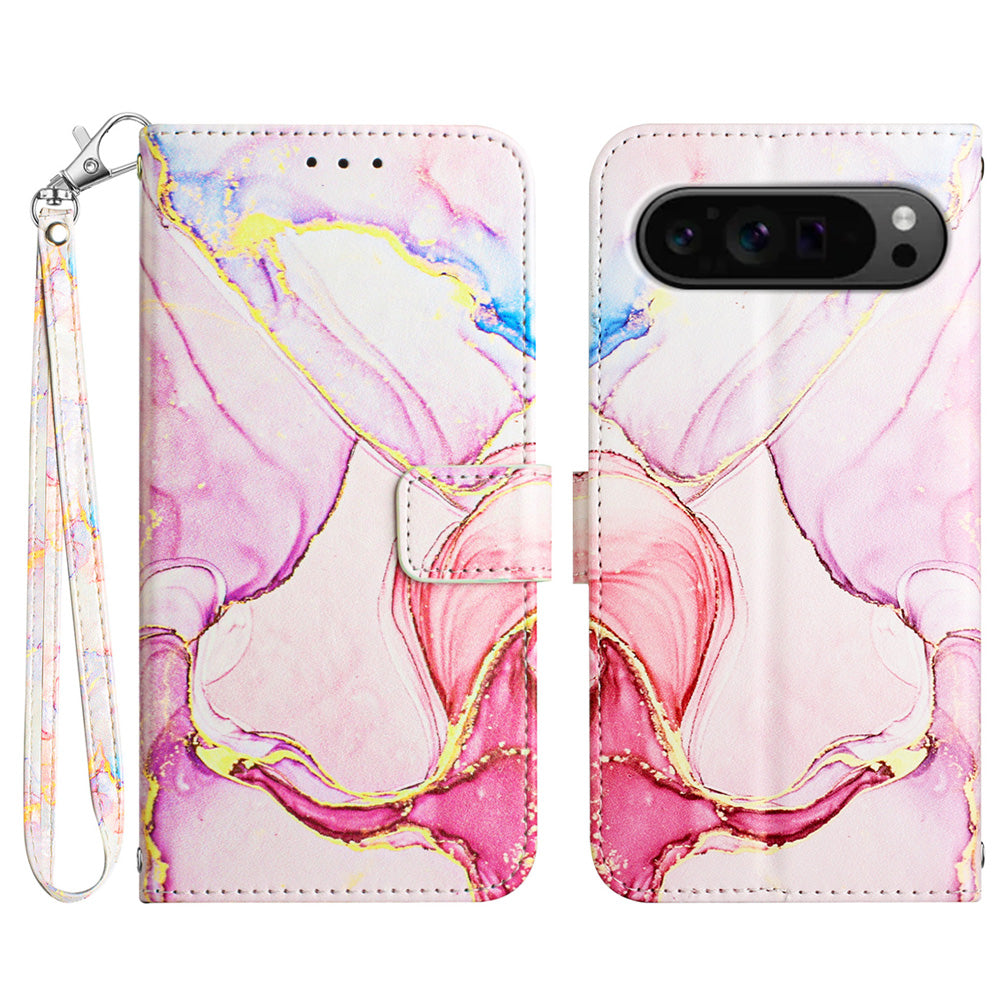 YB Pattern Printing Leather Series-5 For Google Pixel 9 Pro Phone Case with Hand Strap Wallet Stand Cover