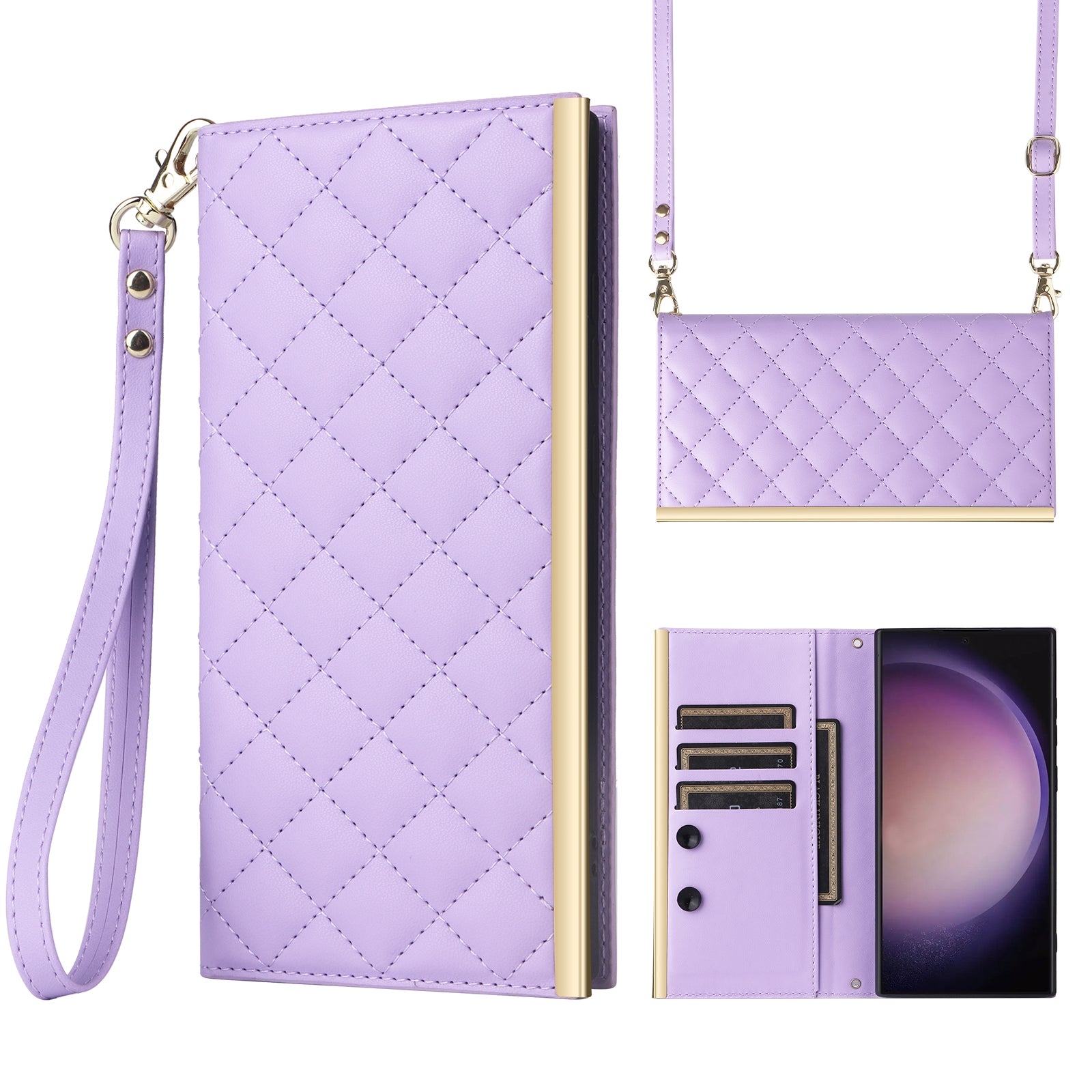 For Samsung Galaxy S24 Ultra Suction Cup PU Leather Phone Case Stand Wallet Phone Cover Shoulder Bag