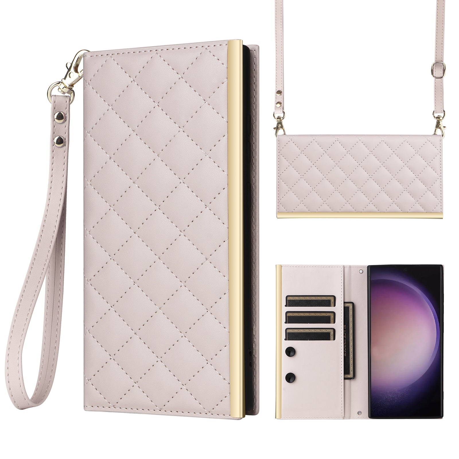 For Samsung Galaxy S24 Ultra Suction Cup PU Leather Phone Case Stand Wallet Phone Cover Shoulder Bag