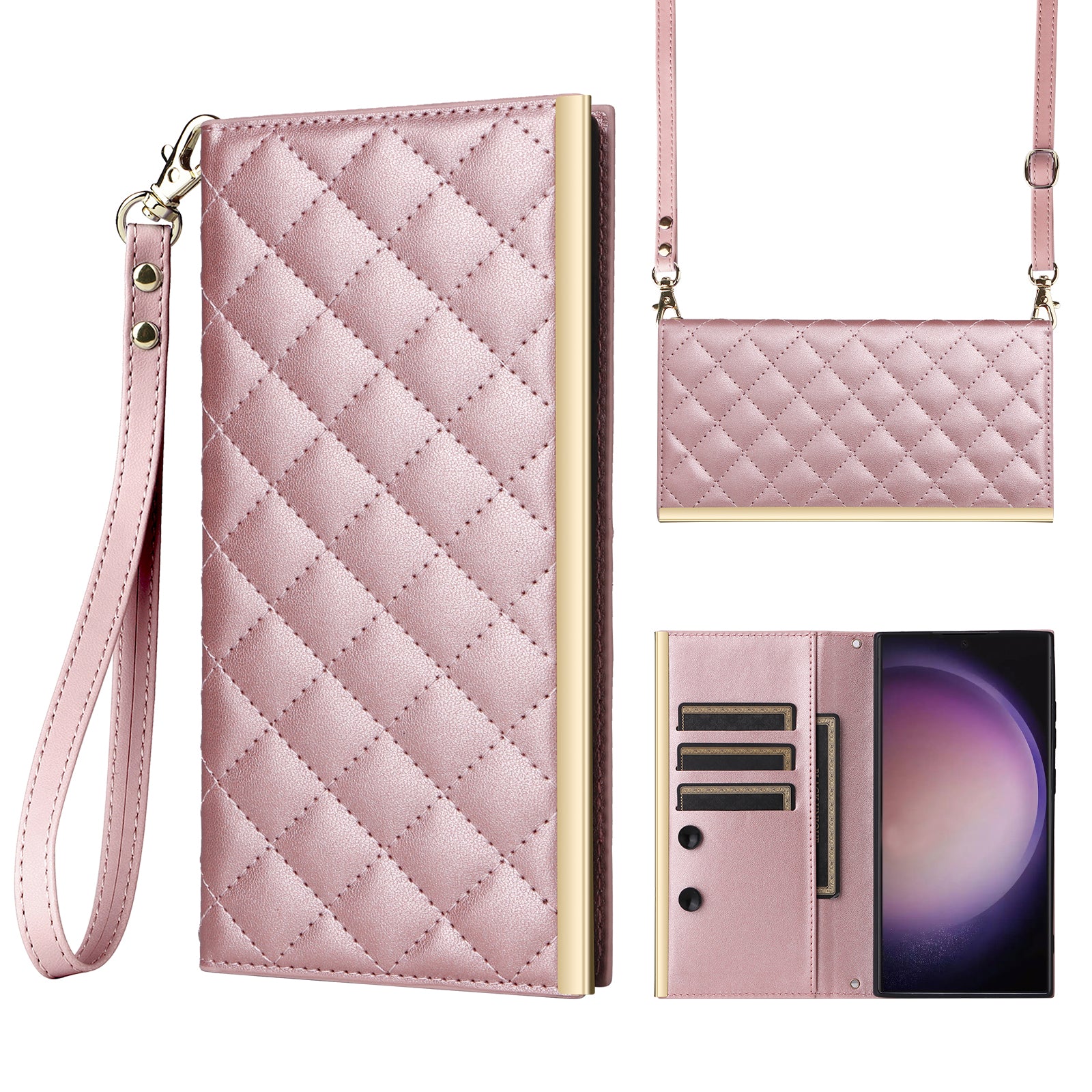 For Samsung Galaxy S24 Ultra Suction Cup PU Leather Phone Case Stand Wallet Phone Cover Shoulder Bag