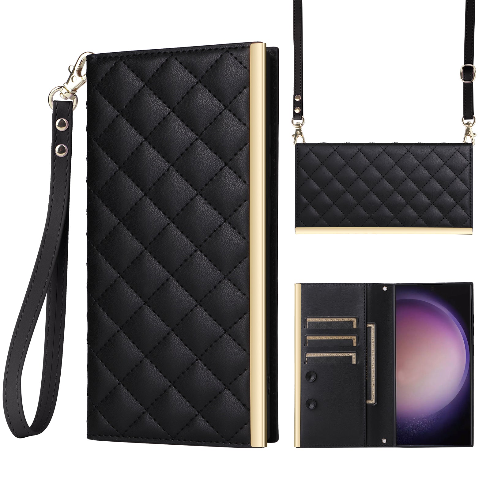 For Samsung Galaxy S24 Ultra Suction Cup PU Leather Phone Case Stand Wallet Phone Cover Shoulder Bag