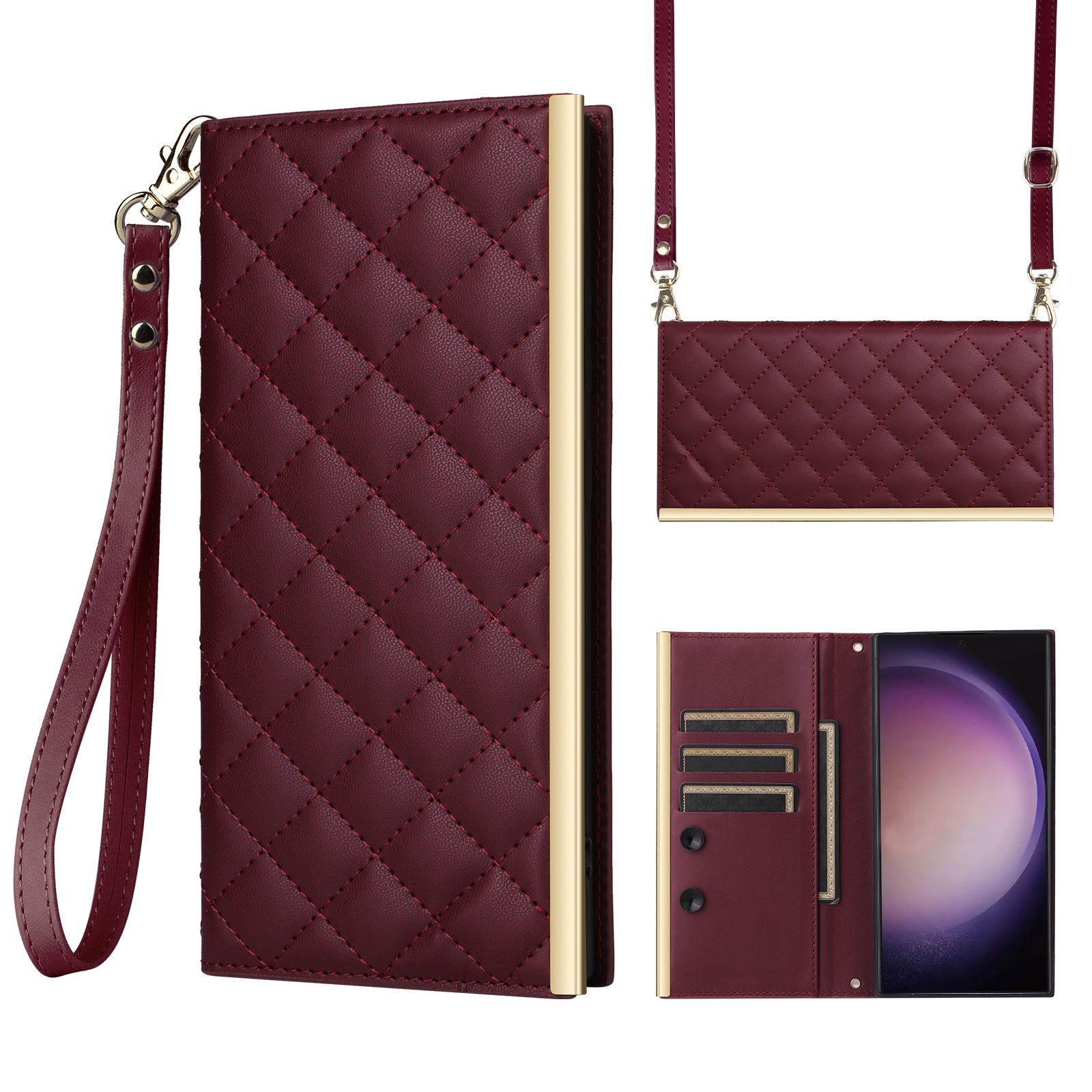 For Samsung Galaxy S24 Ultra Suction Cup PU Leather Phone Case Stand Wallet Phone Cover Shoulder Bag