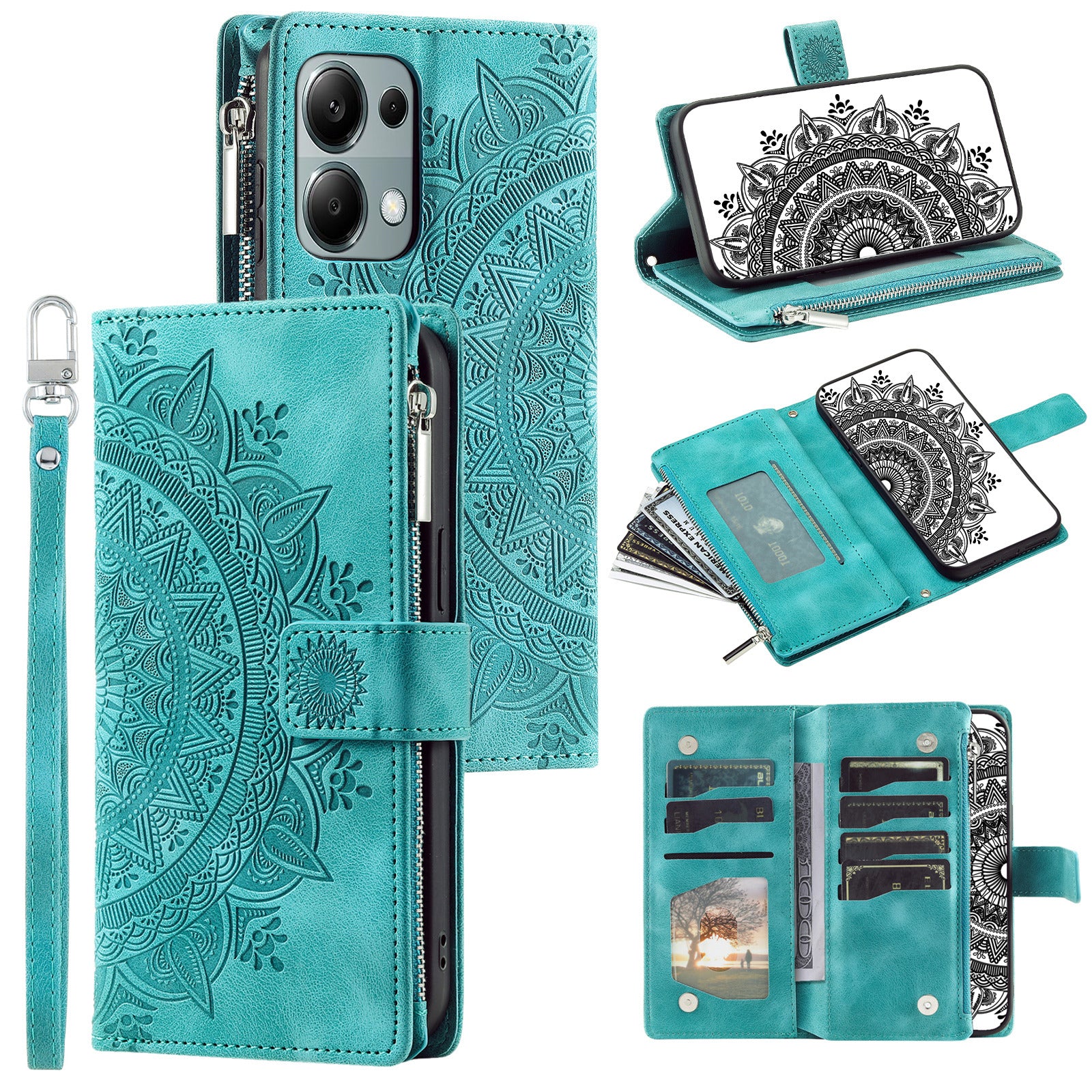 For Xiaomi Redmi Note 13 5G Case Mandala Imprinted Design Leather Wallet Phone Cover with Strap