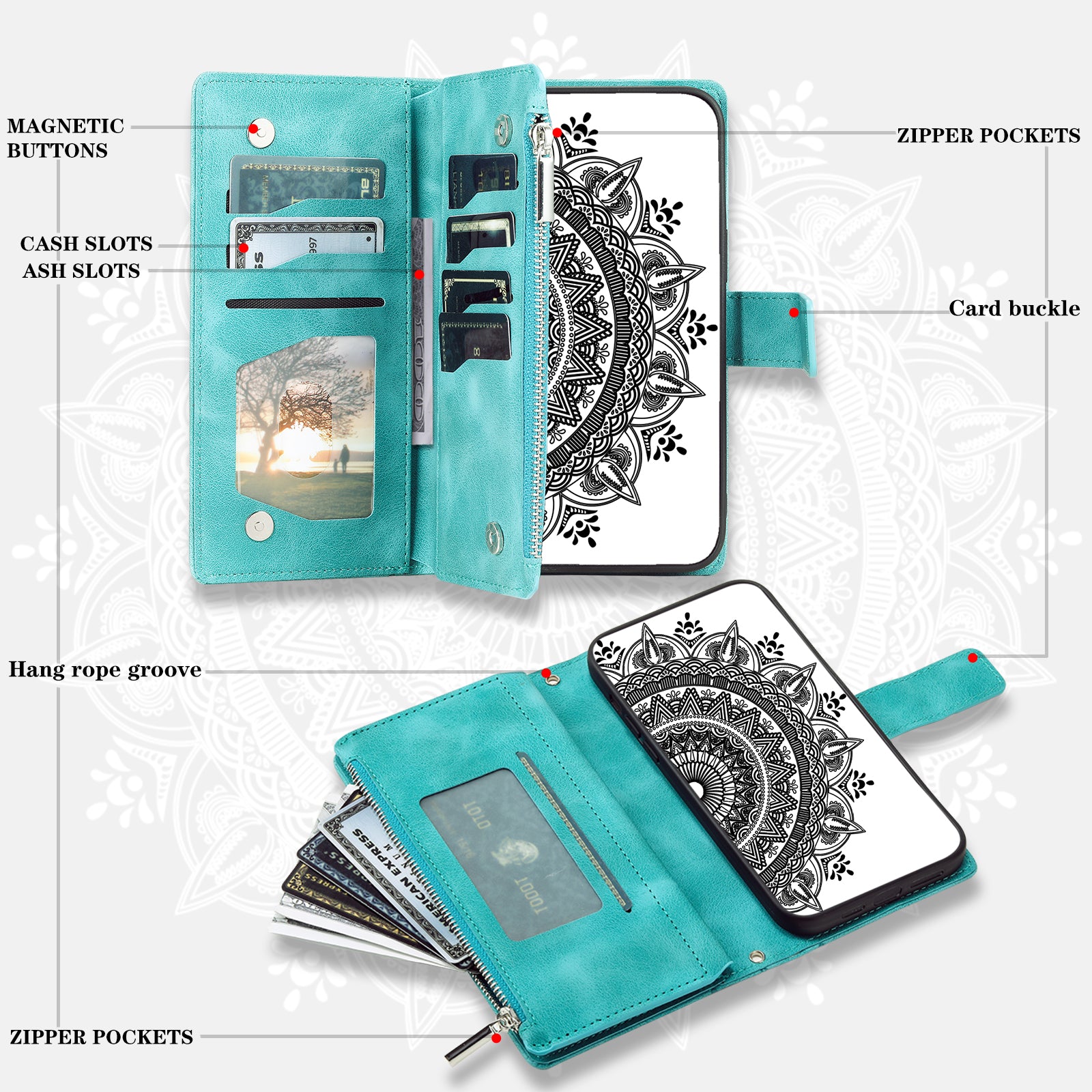 For Xiaomi Redmi Note 13 5G Case Mandala Imprinted Design Leather Wallet Phone Cover with Strap