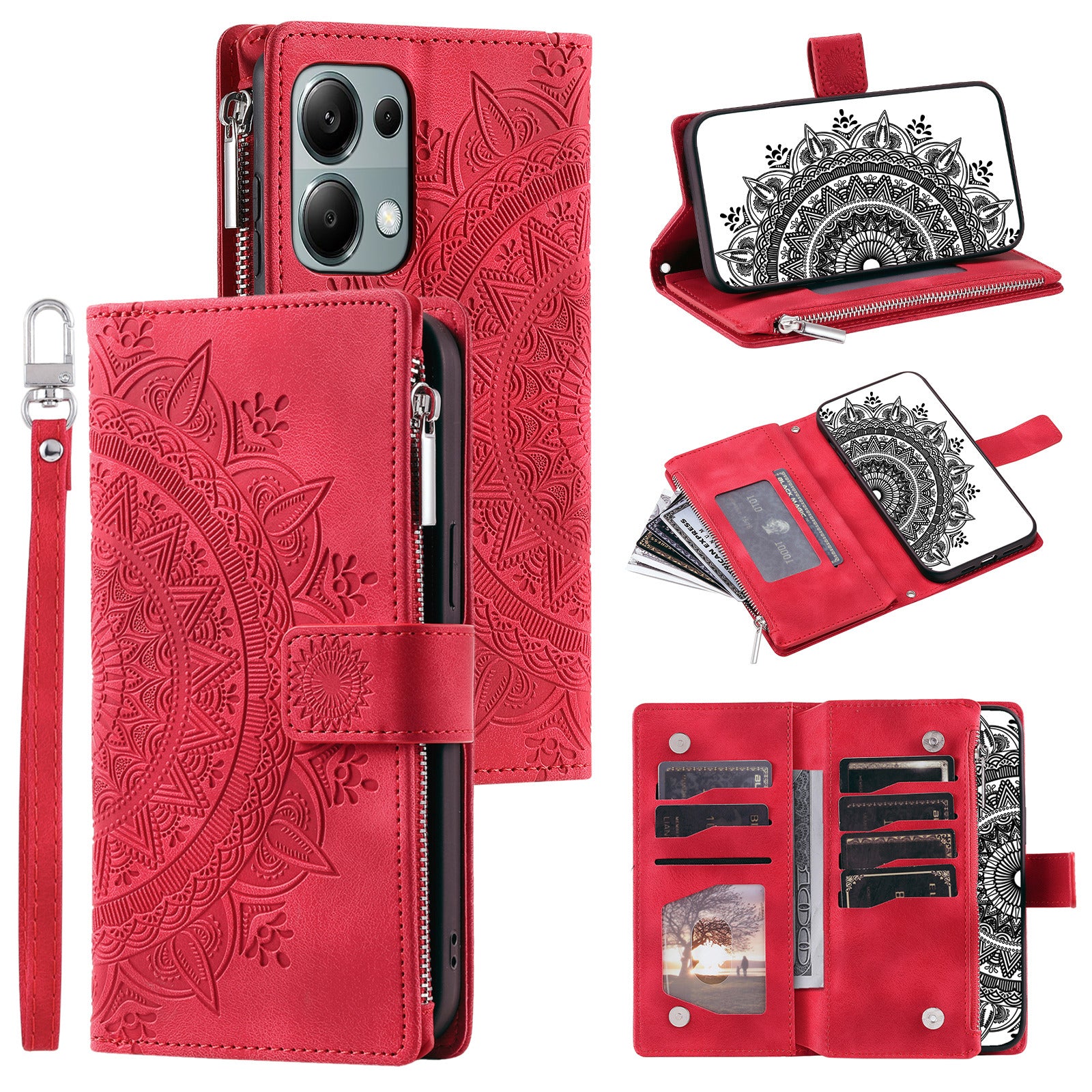 For Xiaomi Redmi Note 13 5G Case Mandala Imprinted Design Leather Wallet Phone Cover with Strap