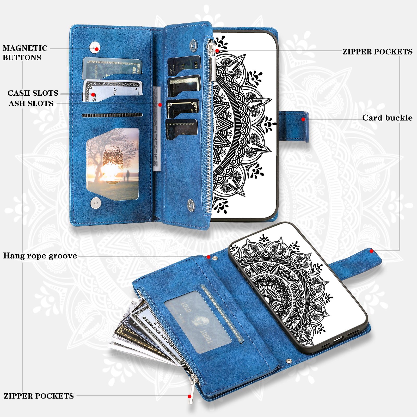 For Xiaomi Redmi Note 13 Pro 4G / Poco M6 Pro 4G Case Zipper Leather Mandala Flower Wallet Phone Cover