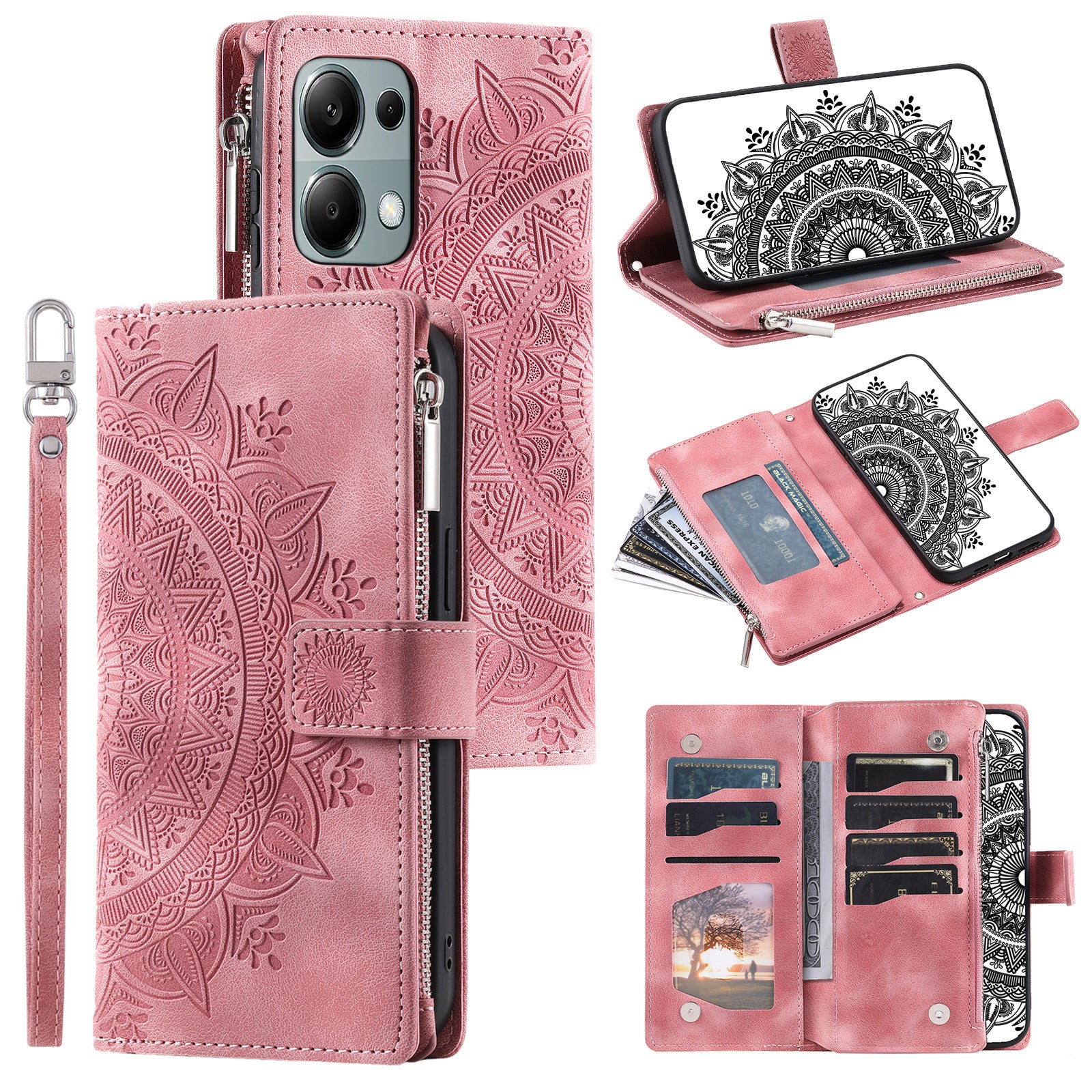 For Xiaomi Redmi Note 13 Pro 4G / Poco M6 Pro 4G Case Zipper Leather Mandala Flower Wallet Phone Cover