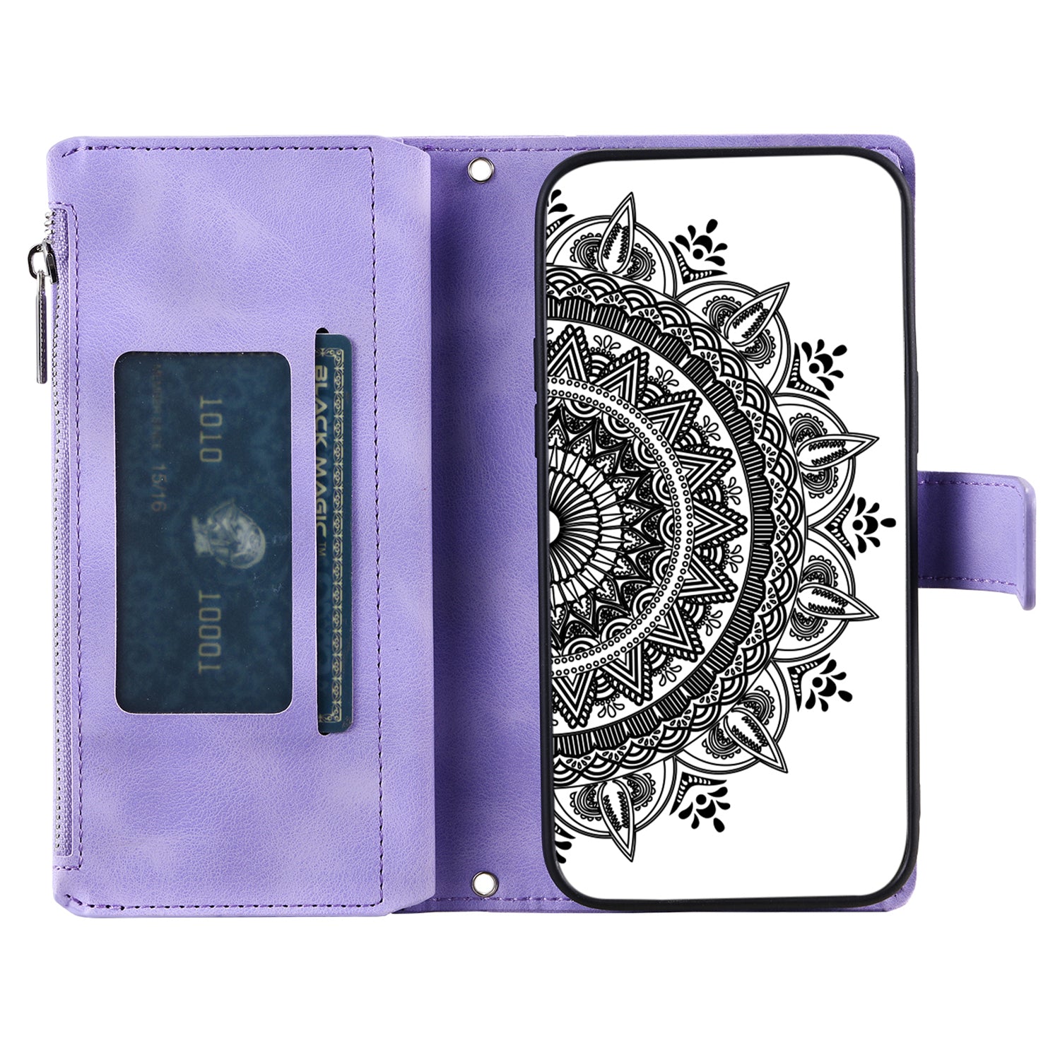 For Xiaomi Redmi Note 13 4G Case Mandala Imprinted Zipper Pocket Flip Leather Phone Cover with Strap