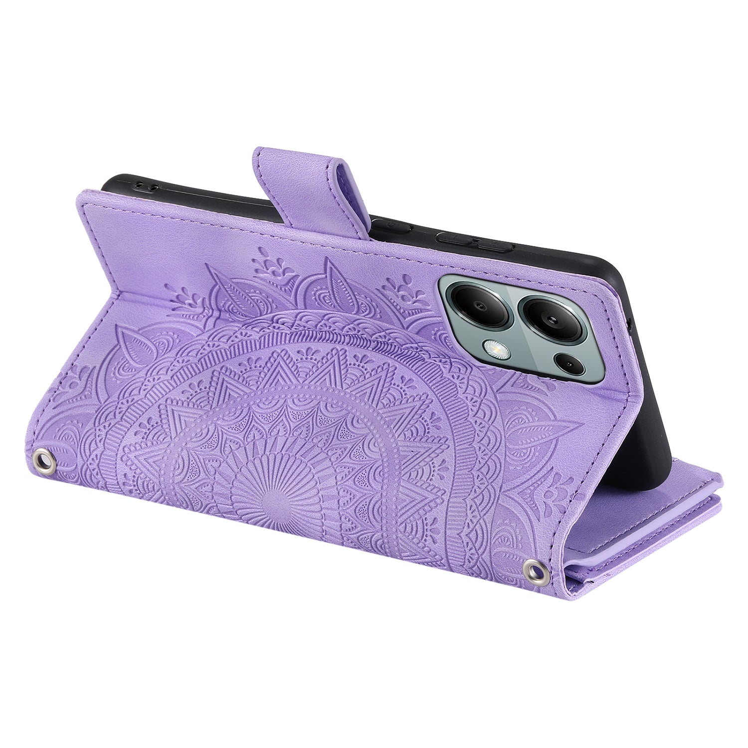 For Xiaomi Redmi Note 13 4G Case Mandala Imprinted Zipper Pocket Flip Leather Phone Cover with Strap