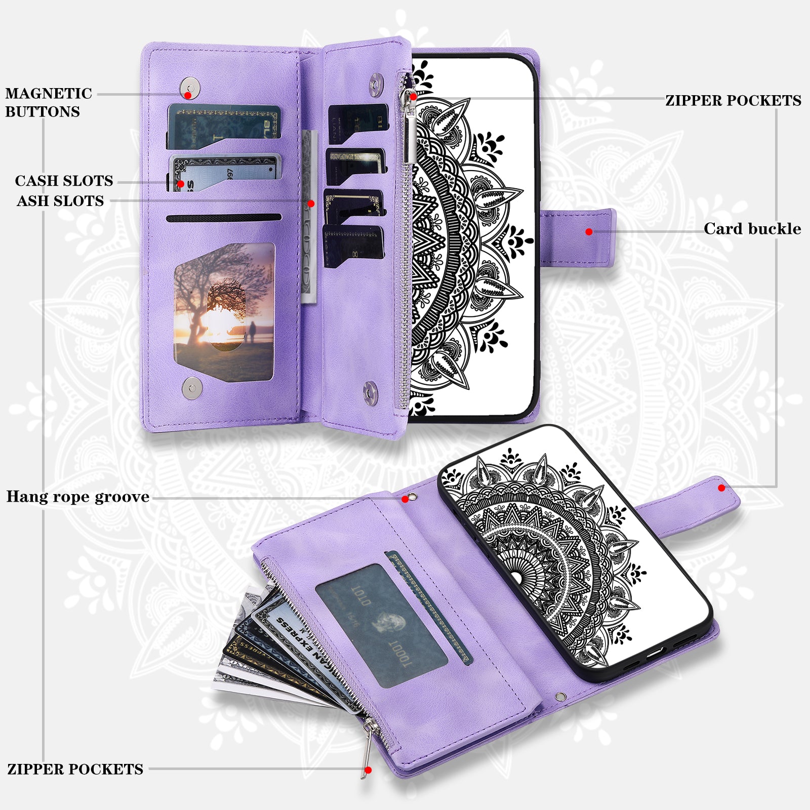 For Xiaomi Redmi Note 13 4G Case Mandala Imprinted Zipper Pocket Flip Leather Phone Cover with Strap